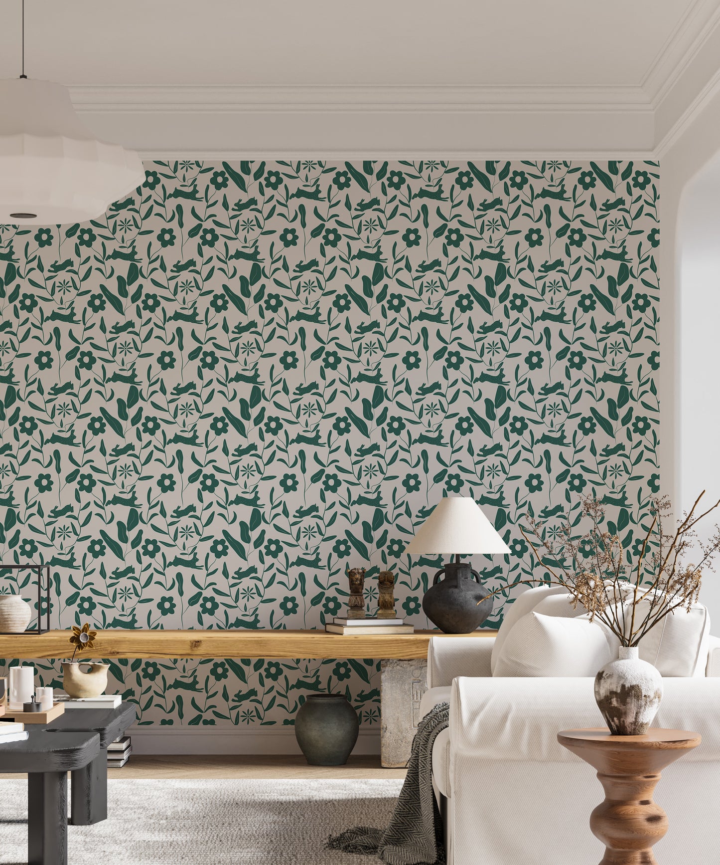 Rabbit Pattern Floral and Leaves Scandi Wallpaper