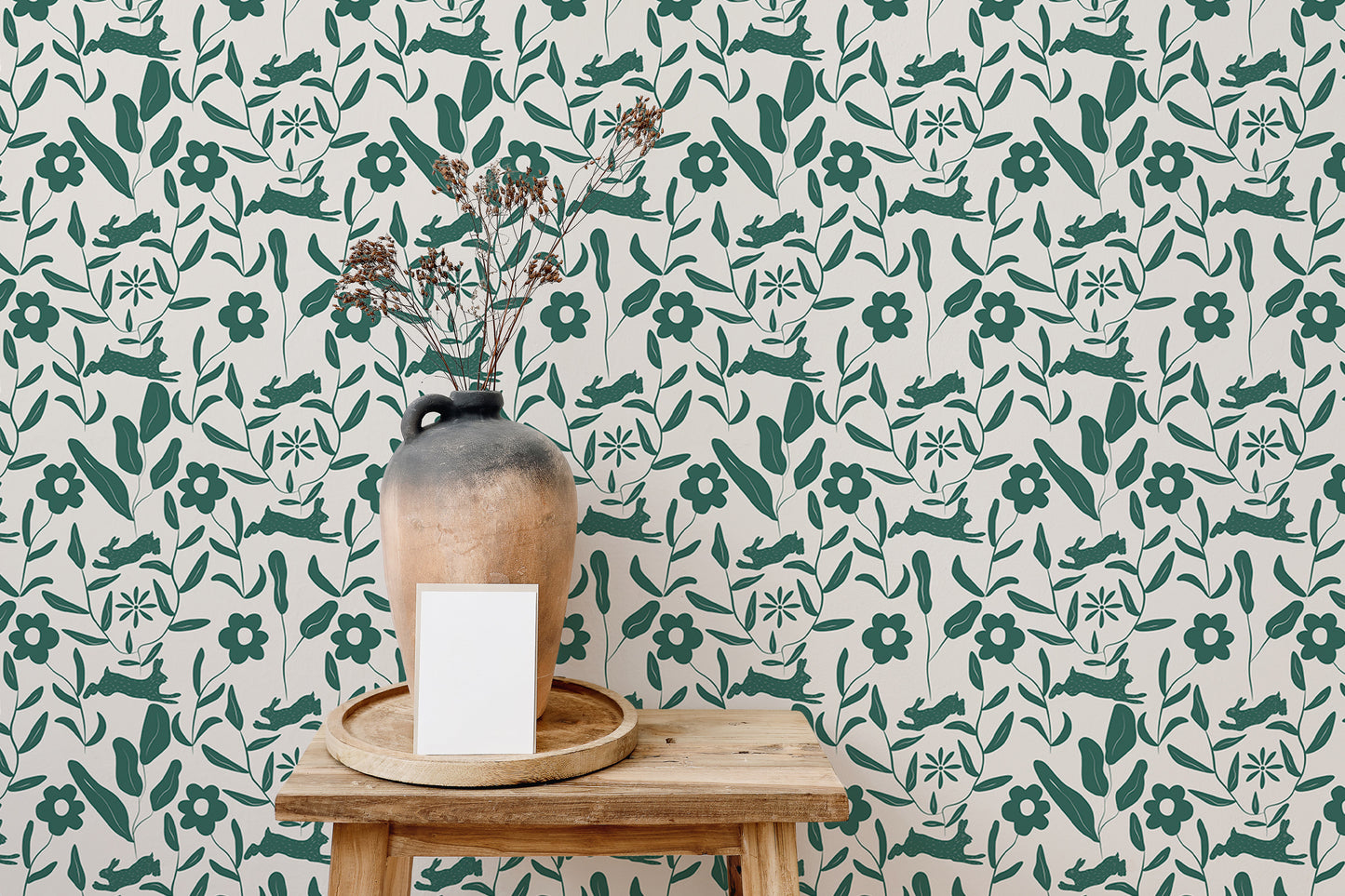 Rabbit Pattern Floral and Leaves Scandi Wallpaper