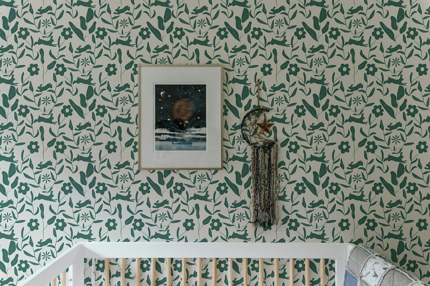 Rabbit Pattern Floral and Leaves Scandi Wallpaper