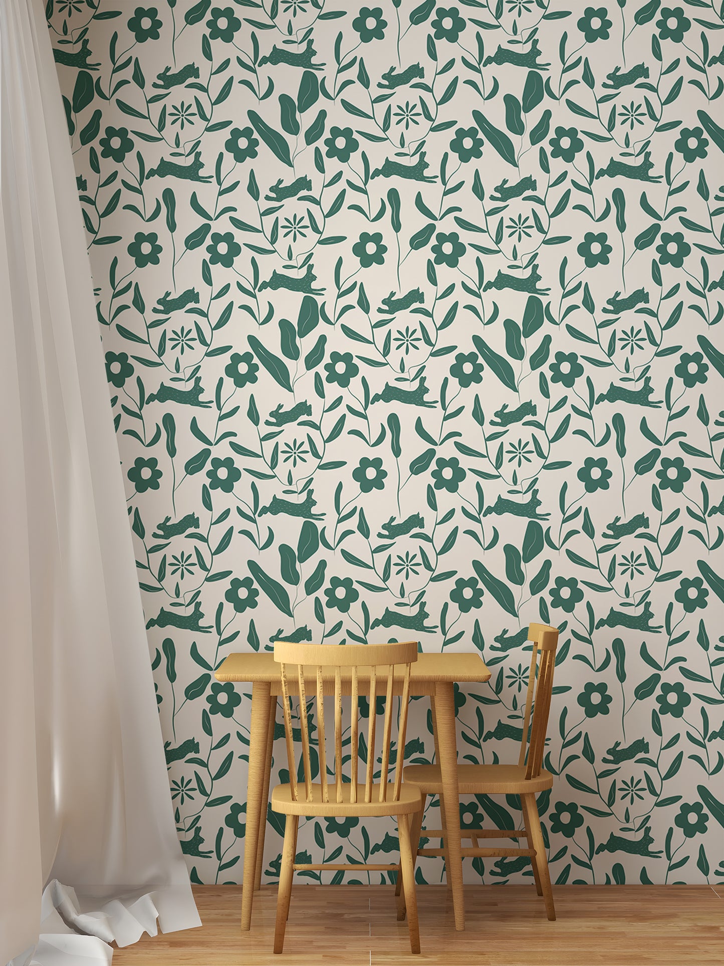 Rabbit Pattern Floral and Leaves Scandi Wallpaper