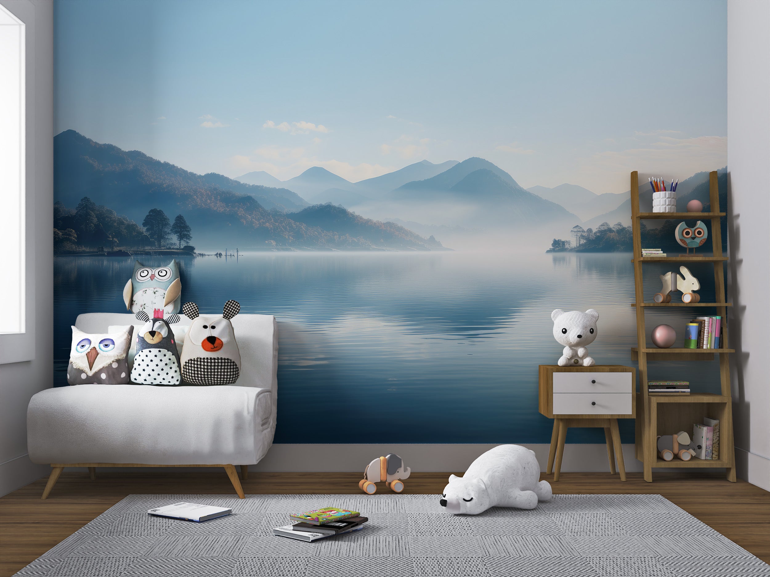 Scenic landscape mural with a mountain lake view
