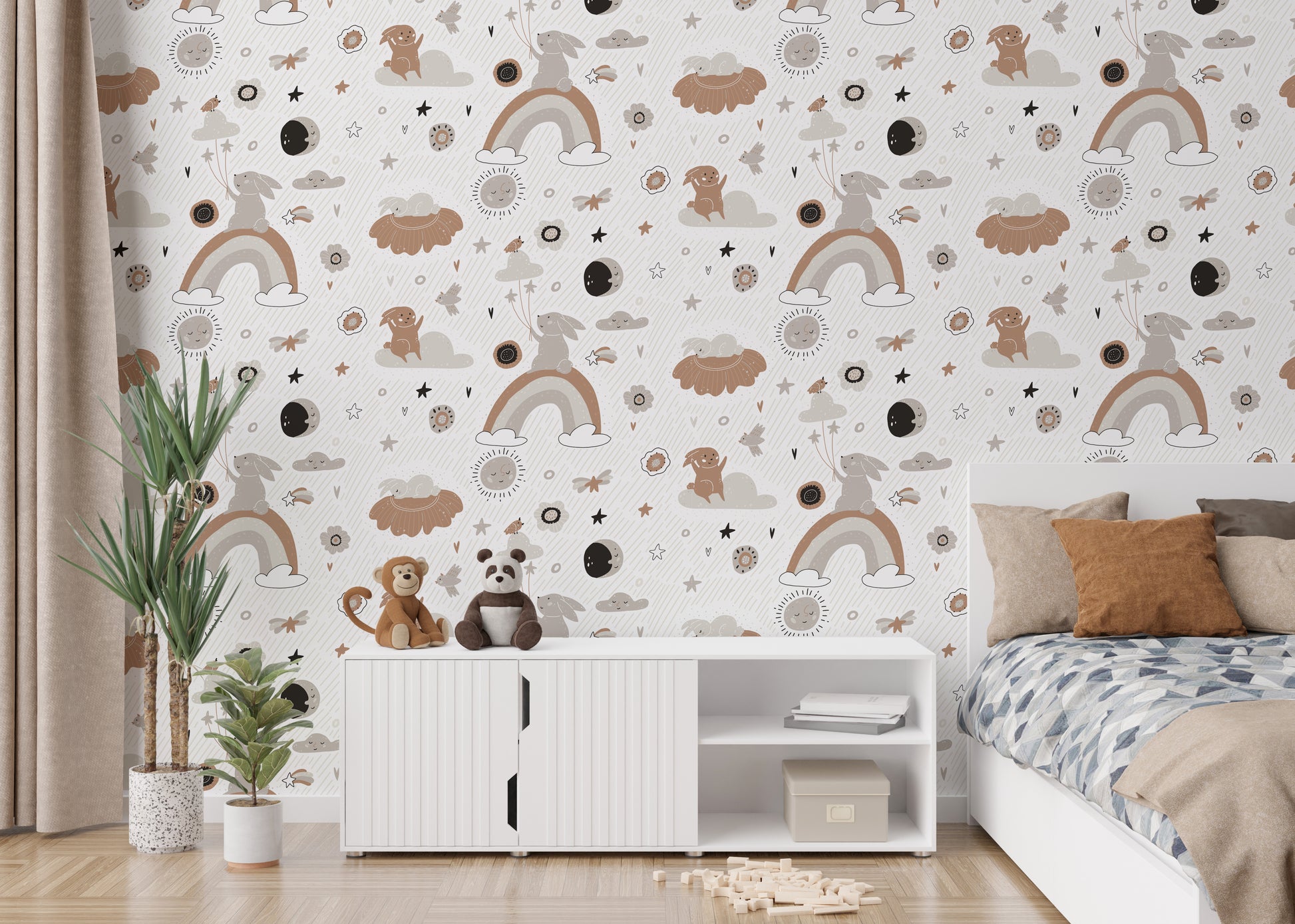 Playful wallpaper with boho shapes and animals
