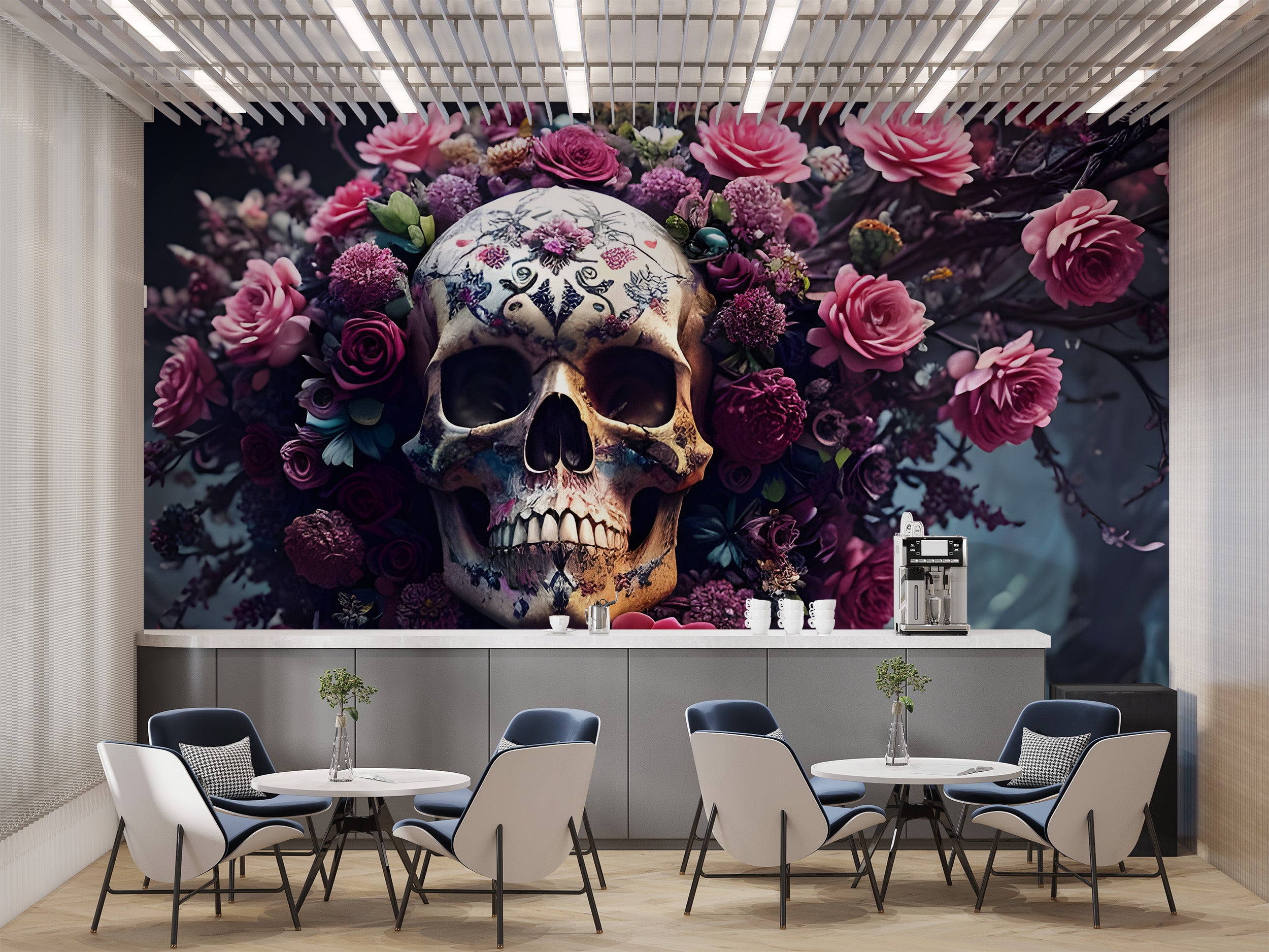 Elegant Halloween mural with a floral skull motif
