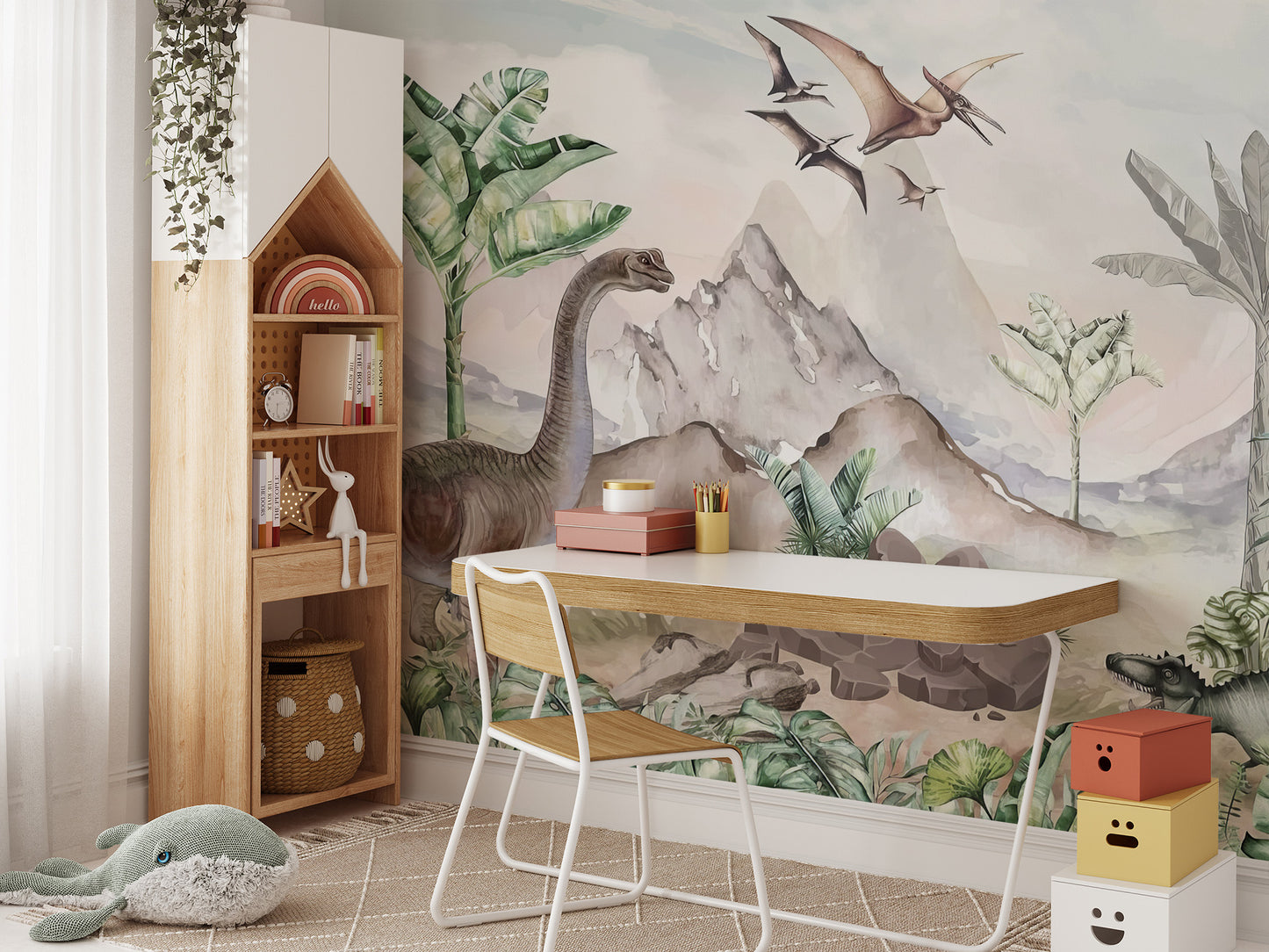 Scenic Jurassic wall mural with prehistoric animals, large banana trees, ferns, rocky terrain, and a serene mountain backdrop.