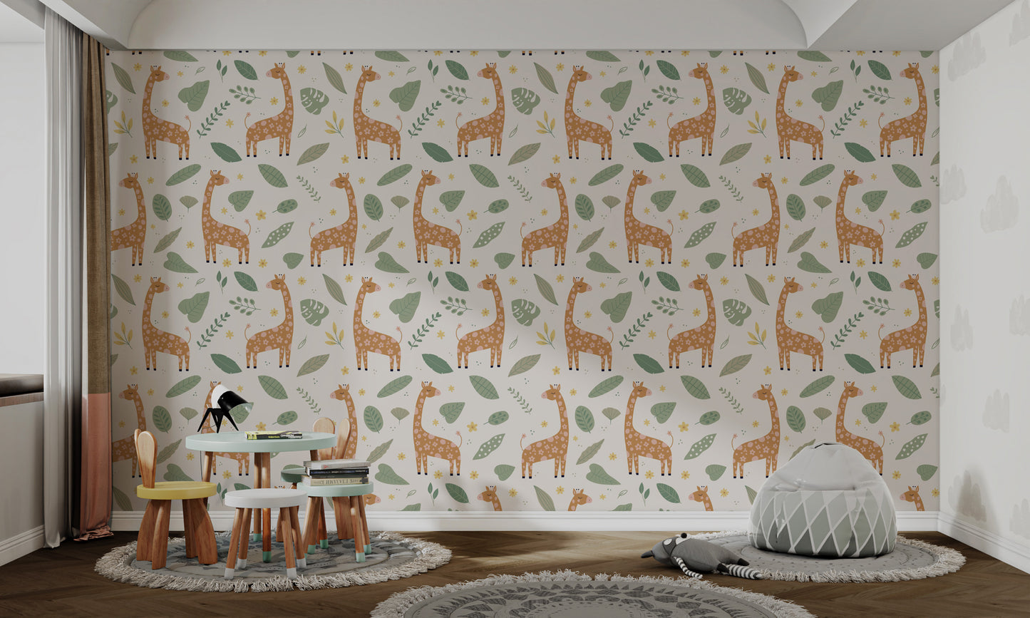 Giraffe and Leaves Wallpaper Mural - Yellow