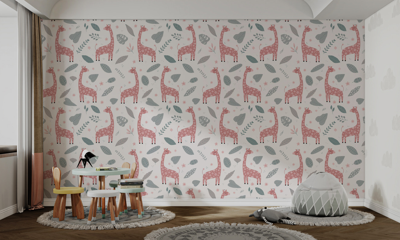 Giraffe and Leaves Wallpaper Mural - Pink