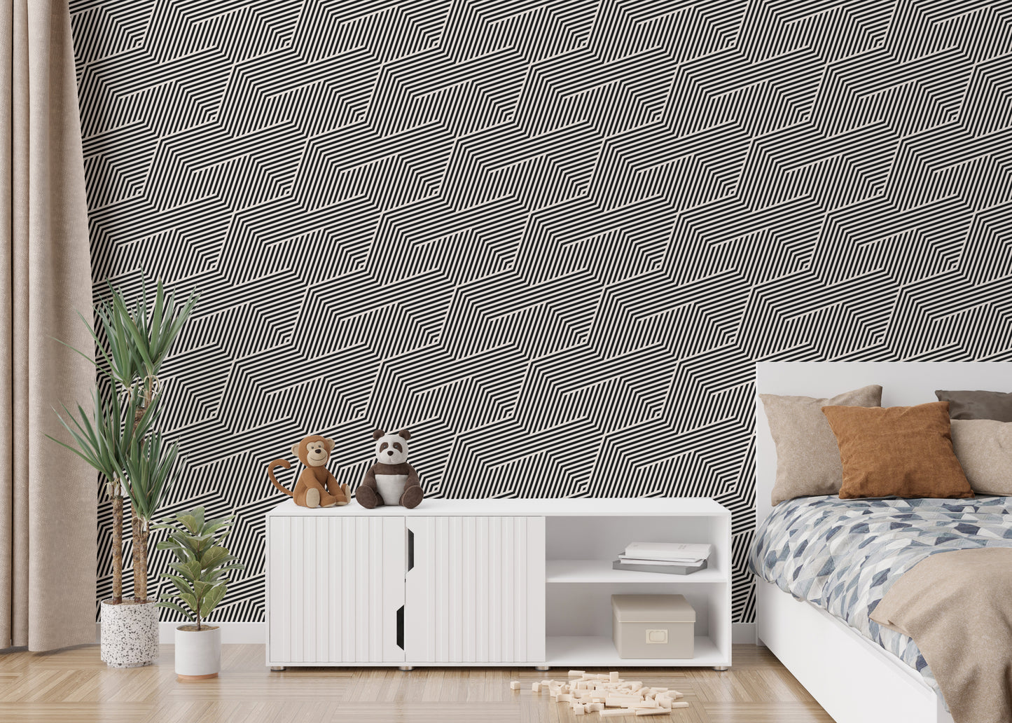 Black and White Zigzag Geometric Stripes Wallpaper