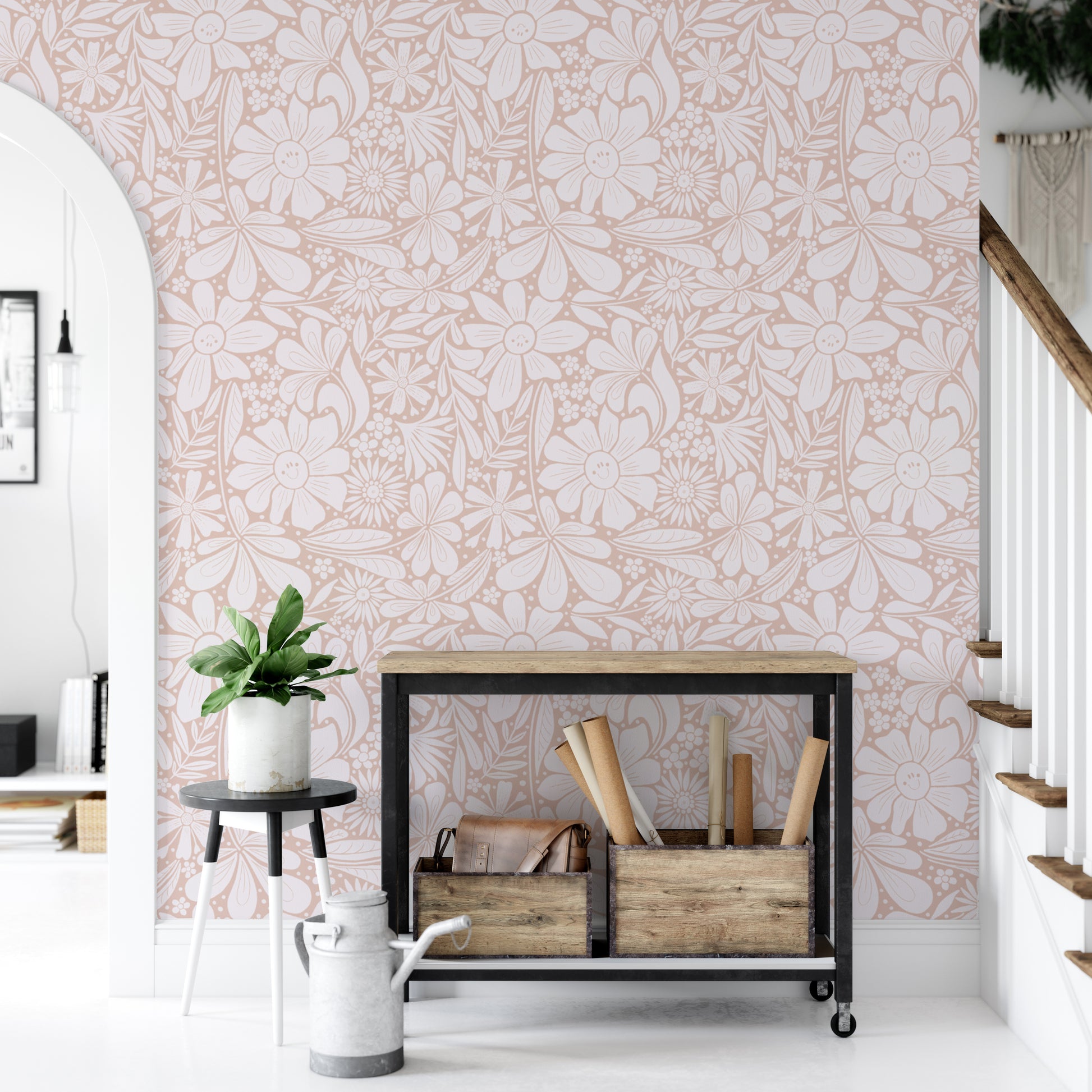 Whimsical wallpaper showcasing happy blooms in pastel pink
