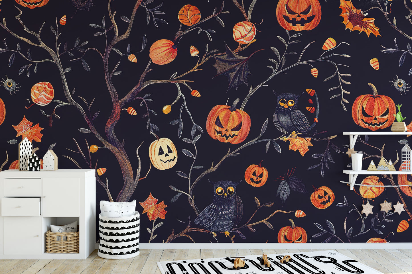 Playful Halloween decor with pumpkins and owls mural
