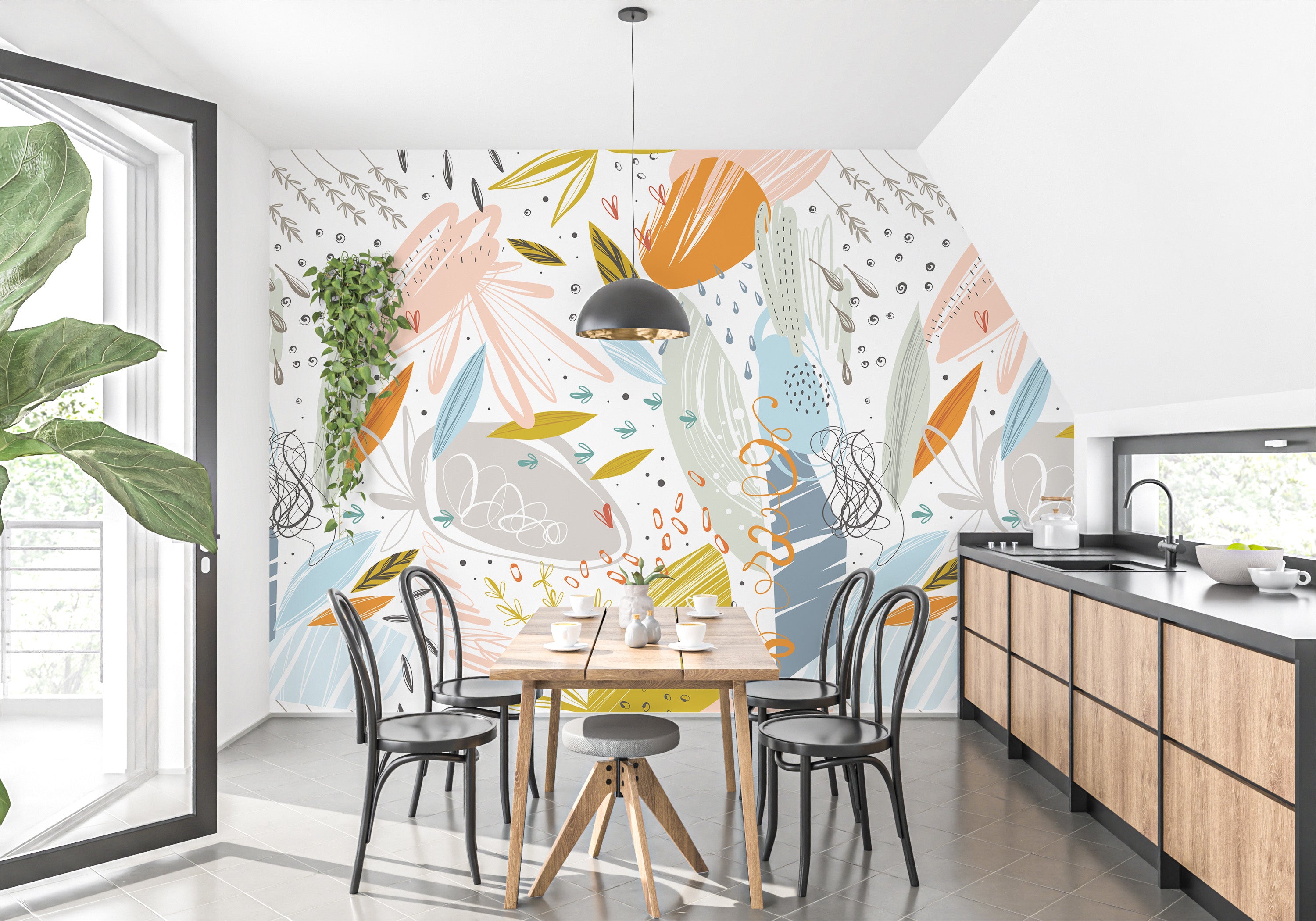 Vibrant leaf sketch mural for walls
