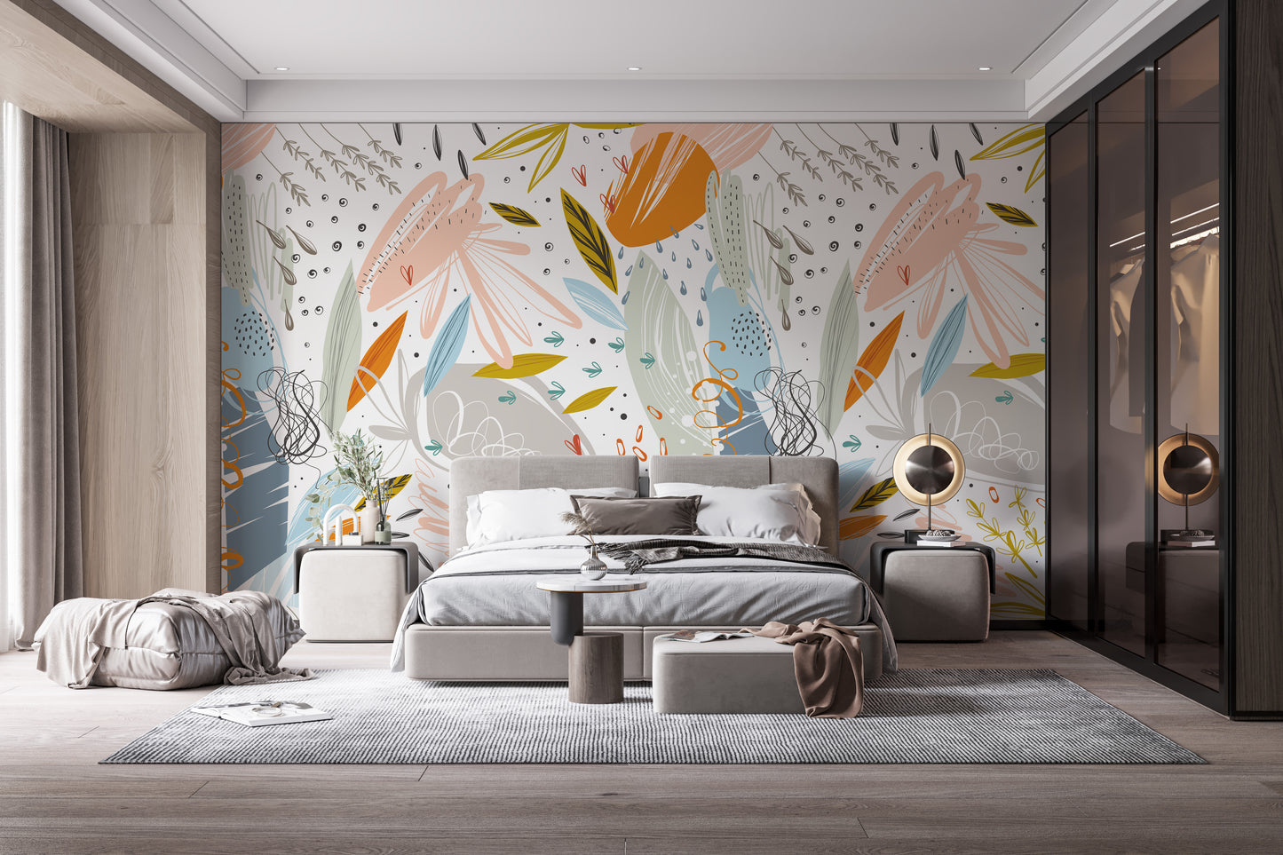 Colorful wallpaper mural leaf design
