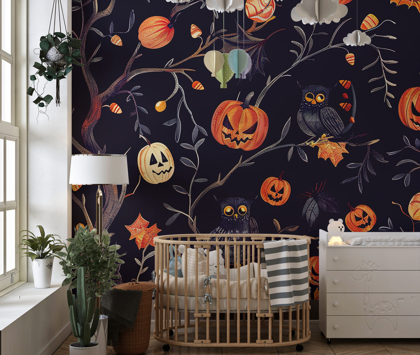 Pumpkins and owls-themed wall mural for spooky vibes
