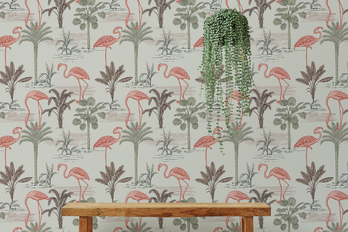 Tropical wallpaper with ink-drawn palm trees and flamingos