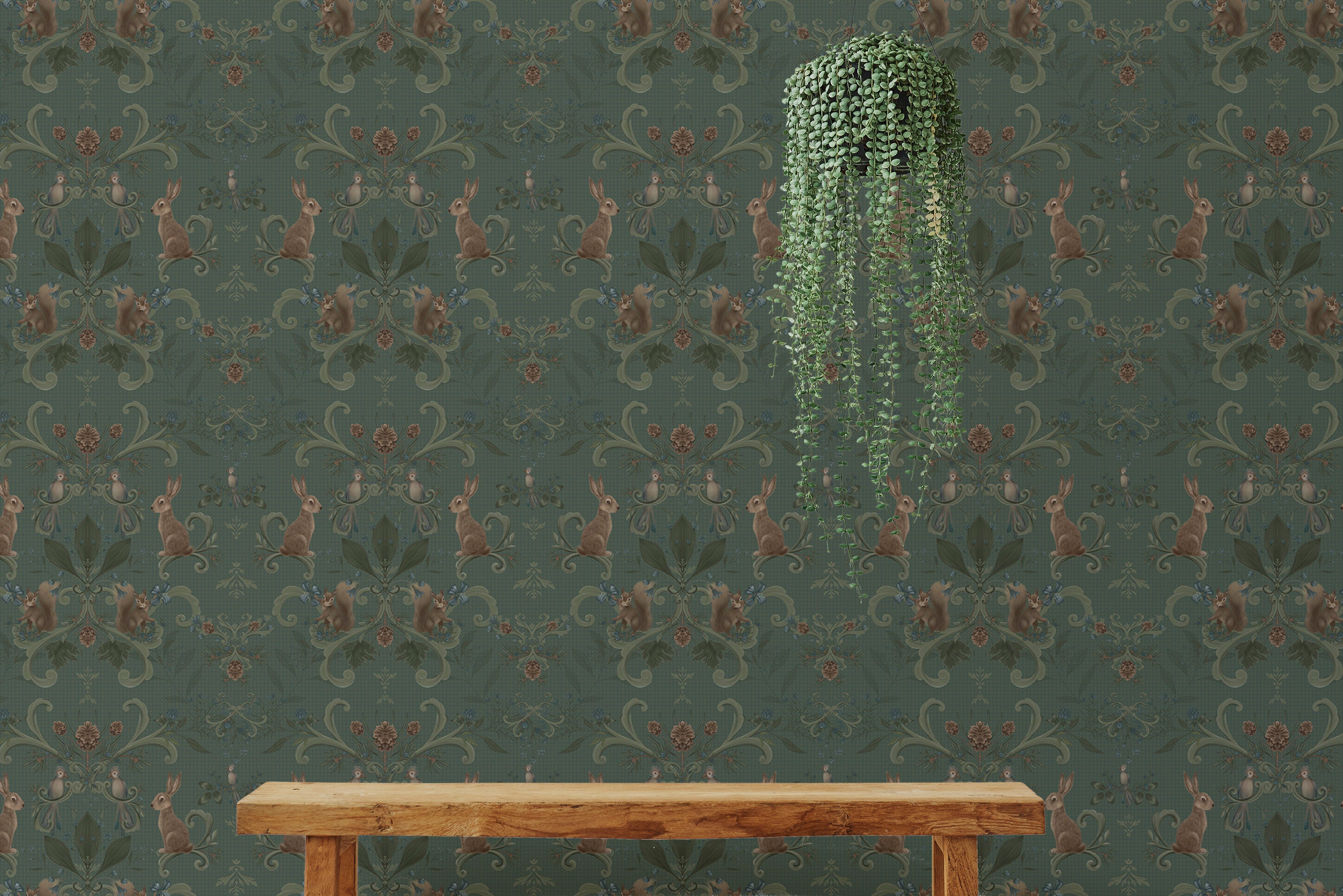 Charming wallpaper featuring woodland animals in green hues