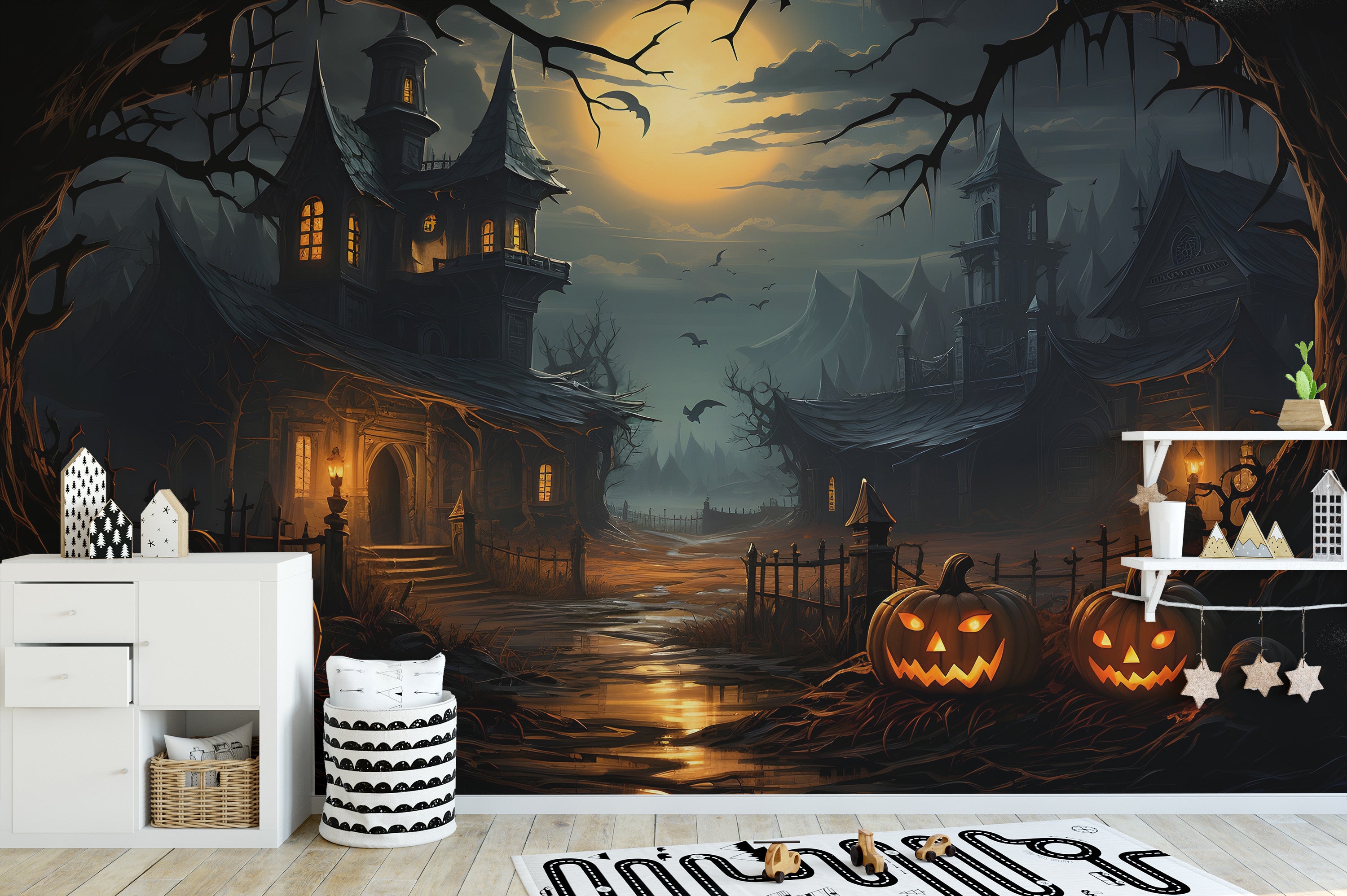 Eerie haunted house mural for spooky wall decor
