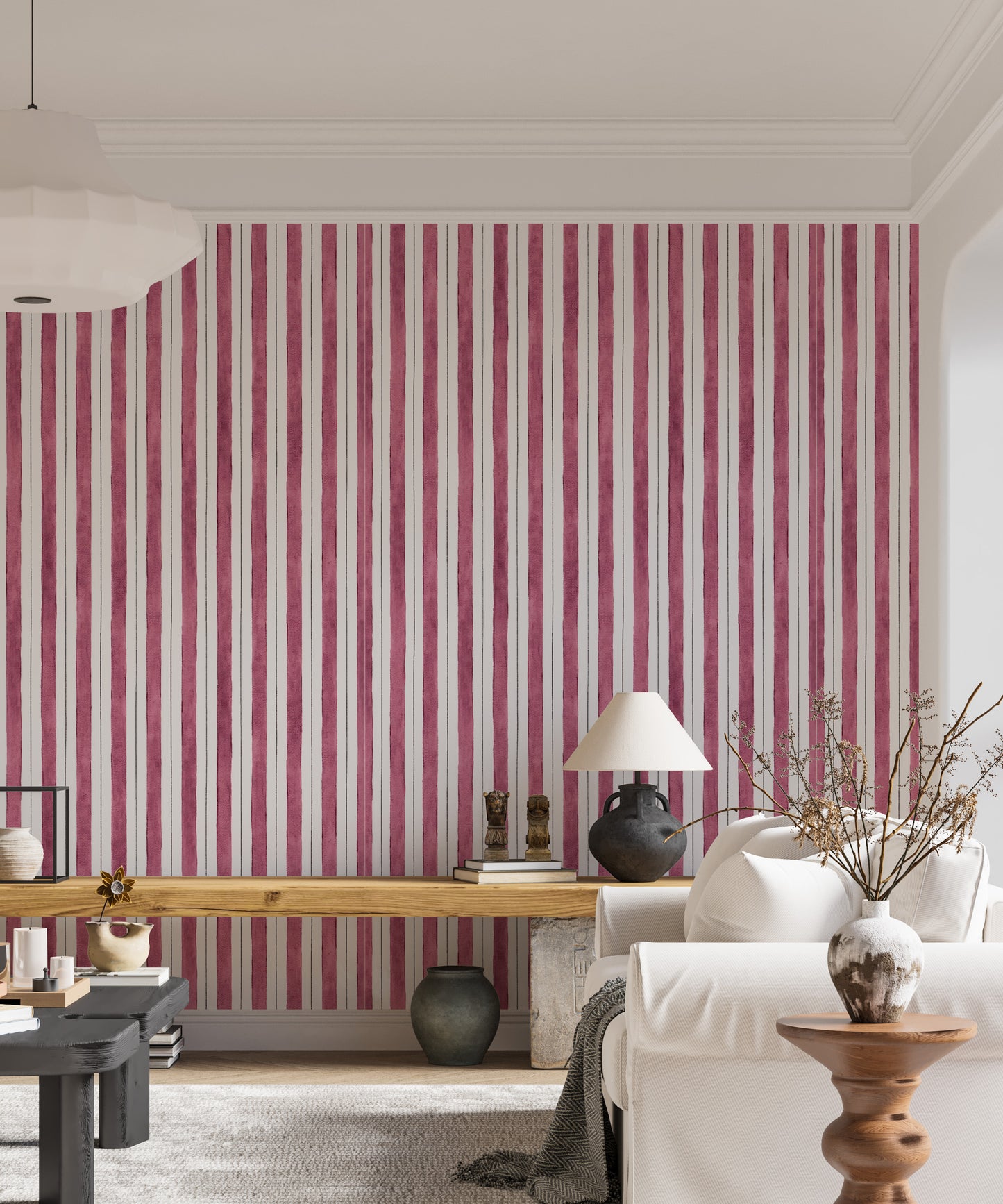 Pink and White Color Vertical Striped Wallpaper