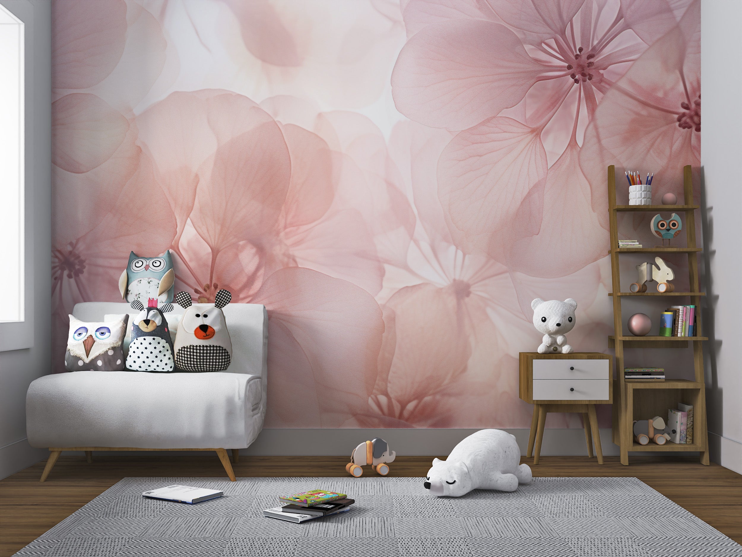 Romantic floral pattern wall mural in pastel tones
