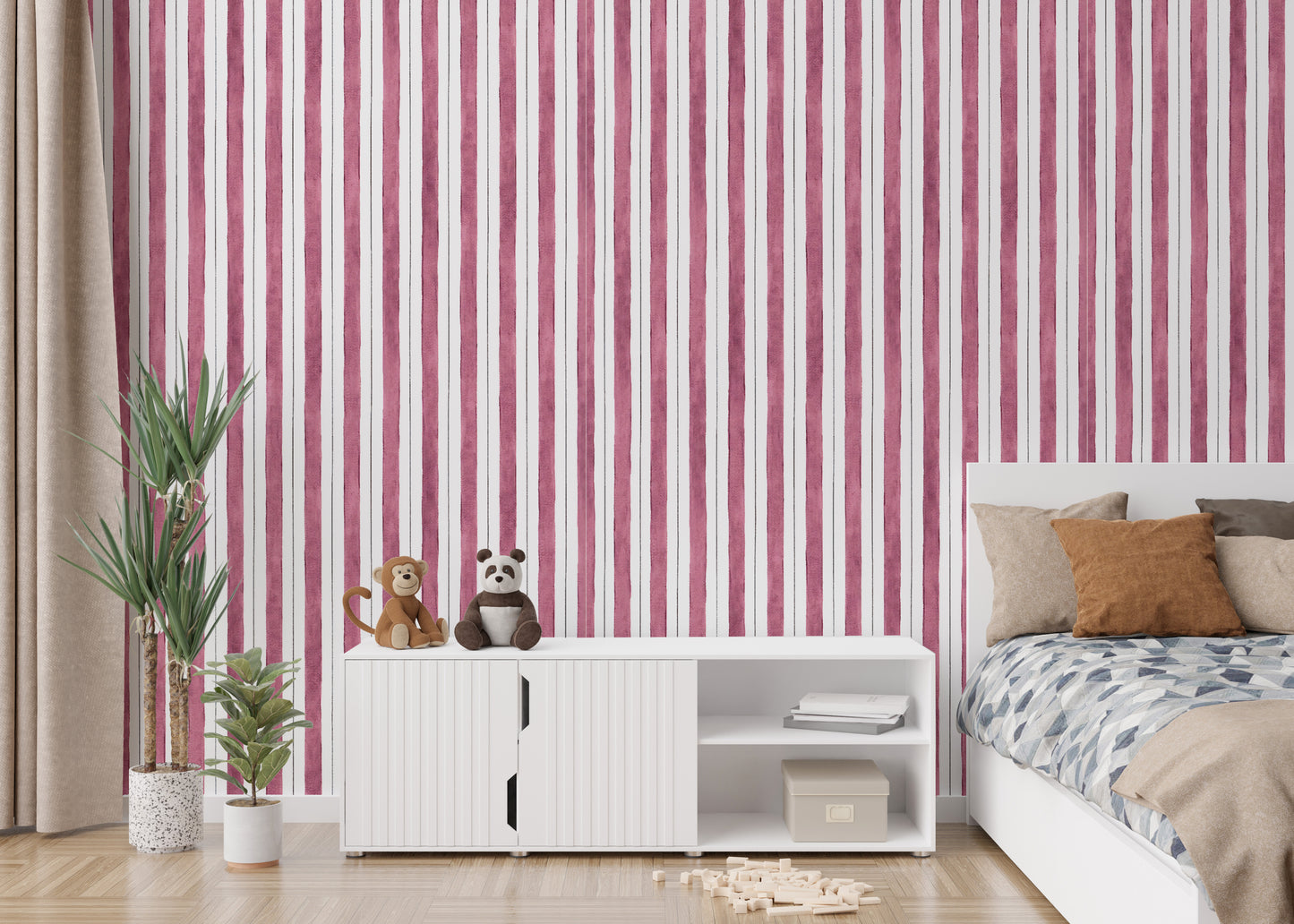 Pink and White Color Vertical Striped Wallpaper