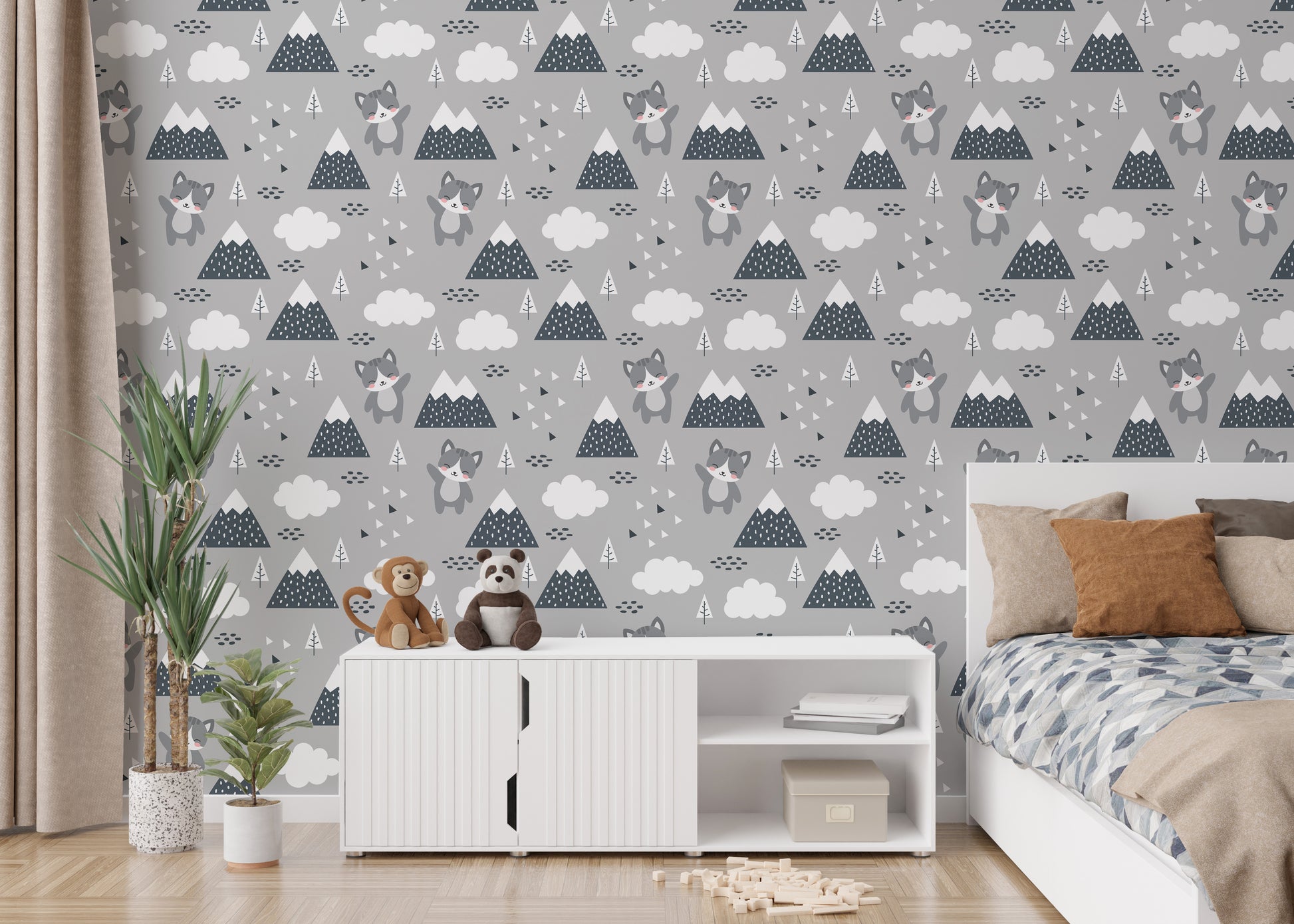 Playful Scandinavian kitty wallpaper mural
