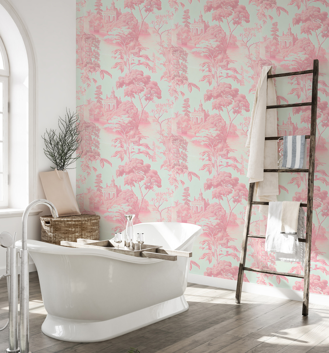 Pink Color Toile Tropical Wallpaper For Walls