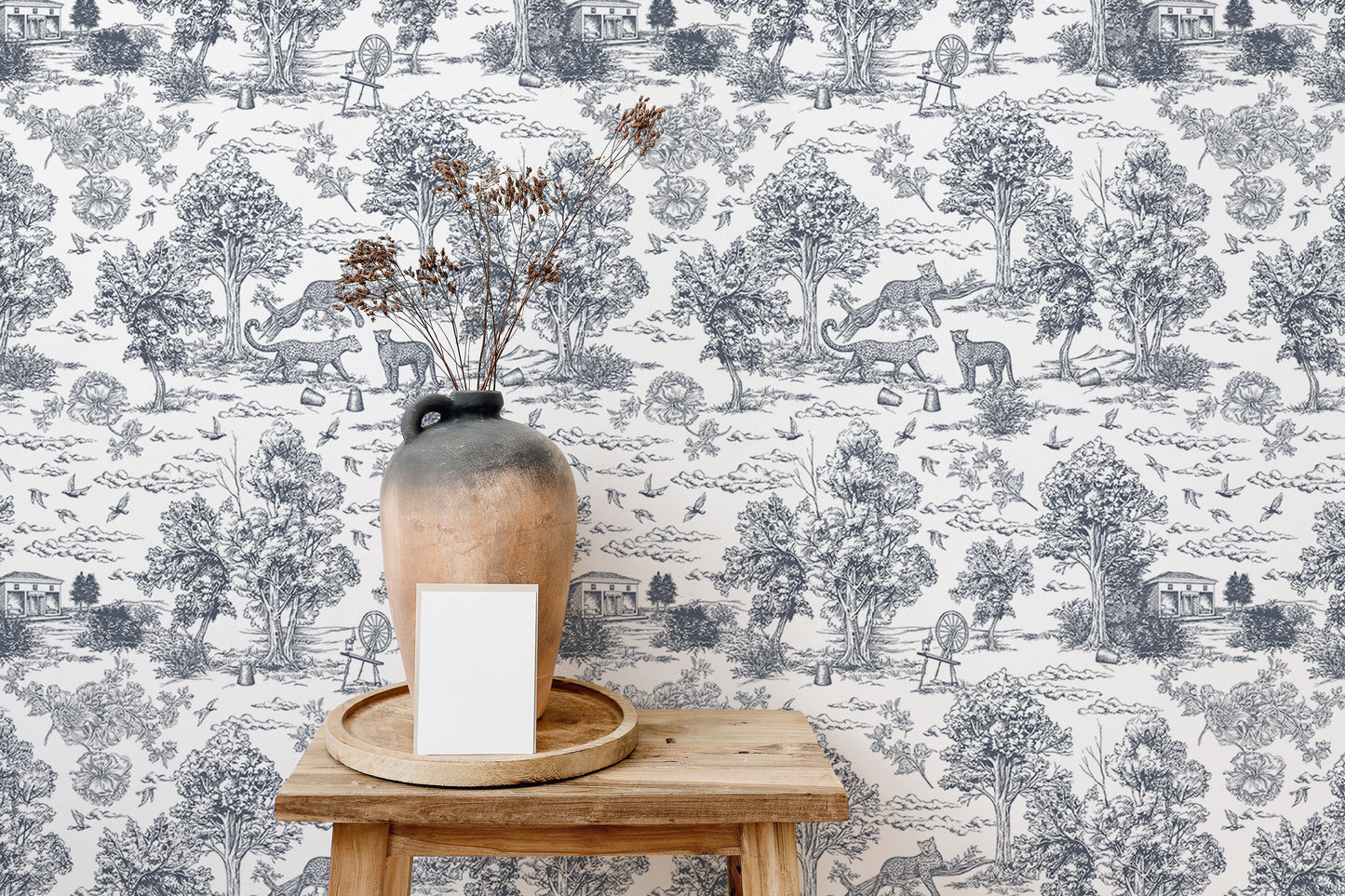 Vintage Trees and Leopard Pattern Wallpaper