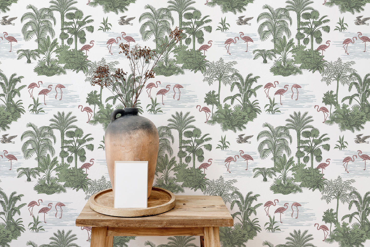 Tropical Palm Trees Flamingo Jungle Toile Wallpaper