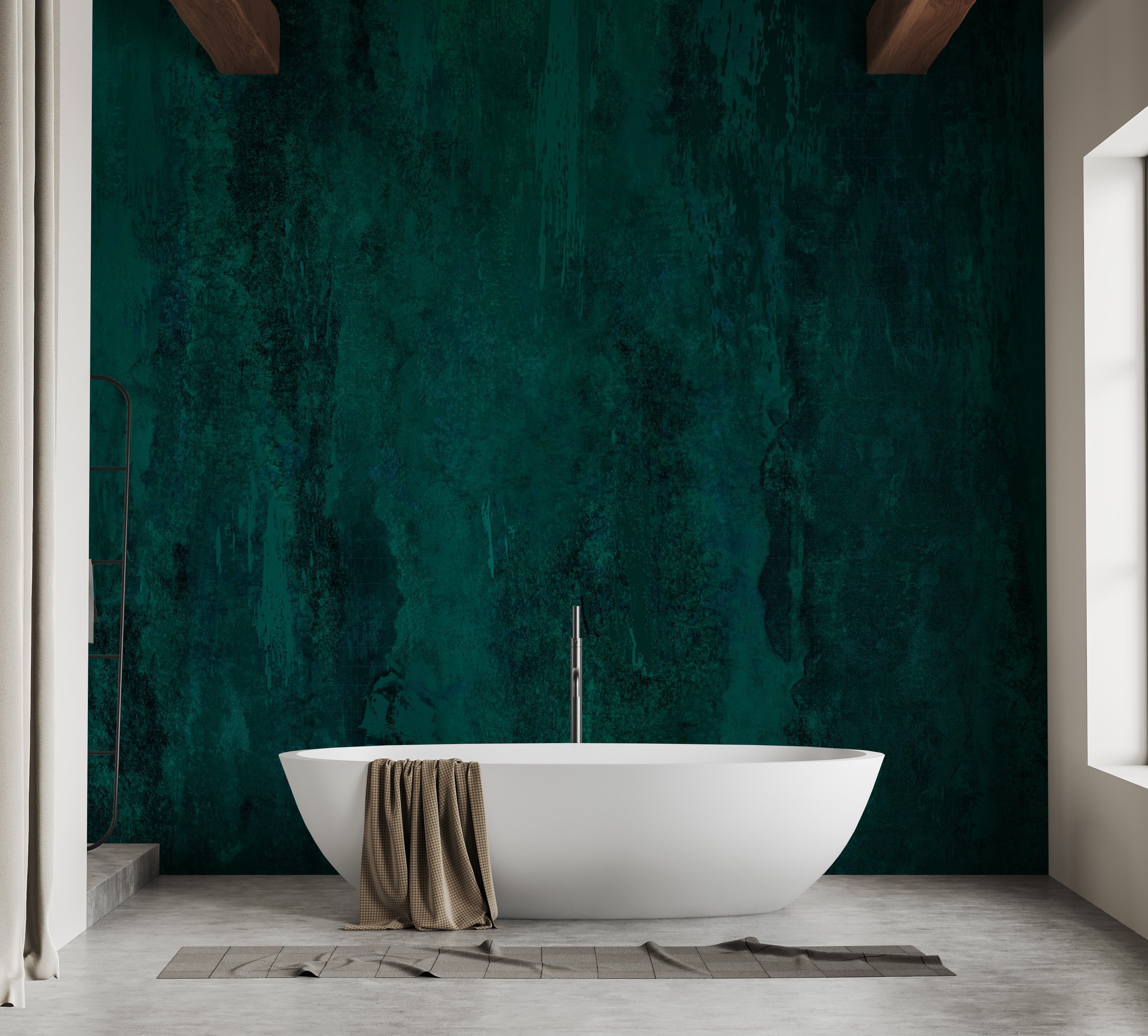 Rustic green grunge mural with worn, textured surface.
