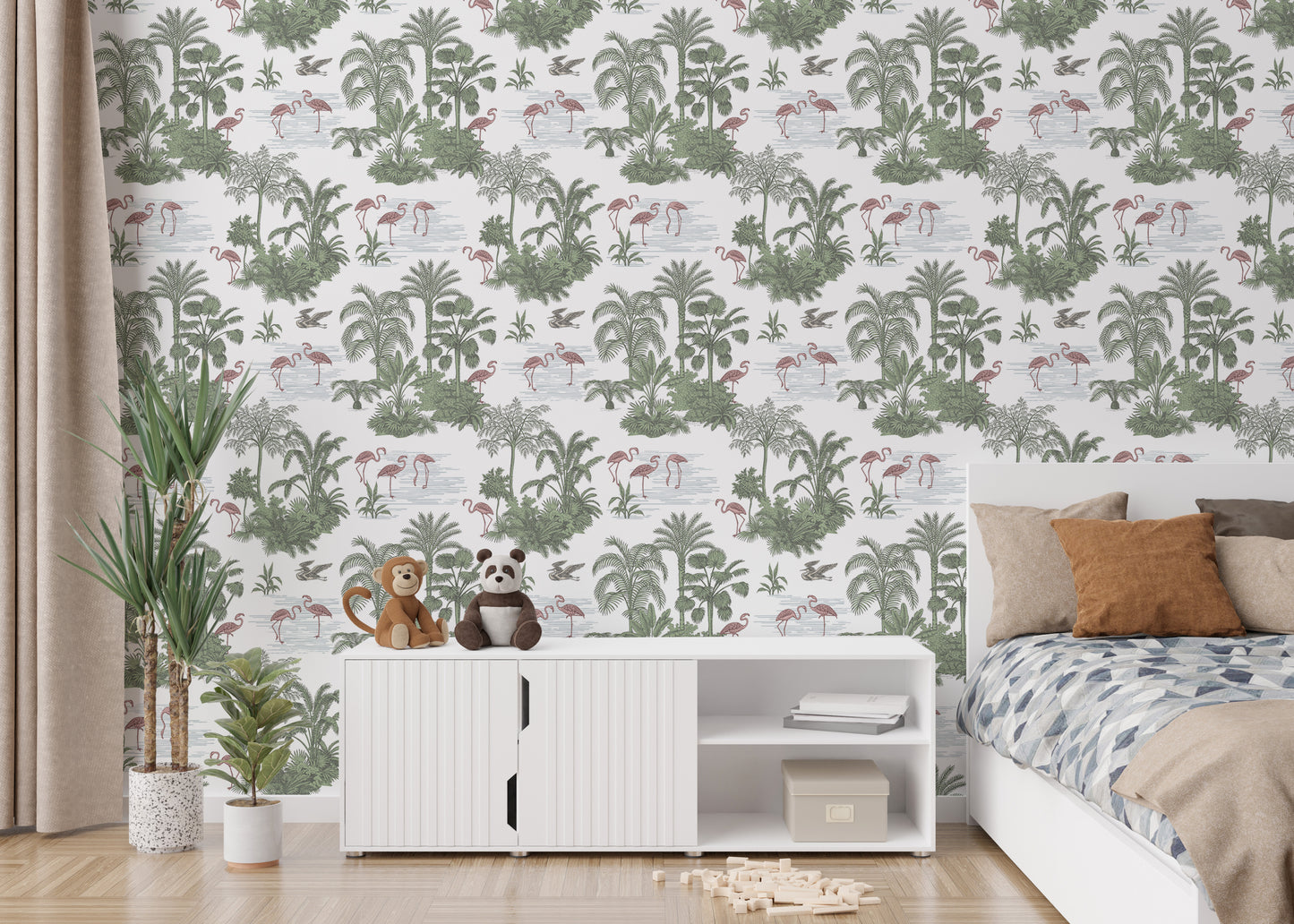 Tropical Palm Trees Flamingo Jungle Toile Wallpaper