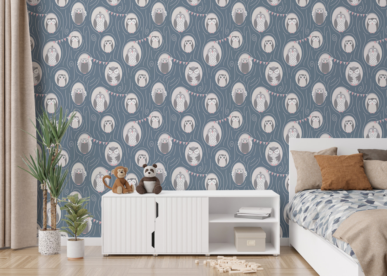 Whimsical owls in tree pattern wallpaper mural
