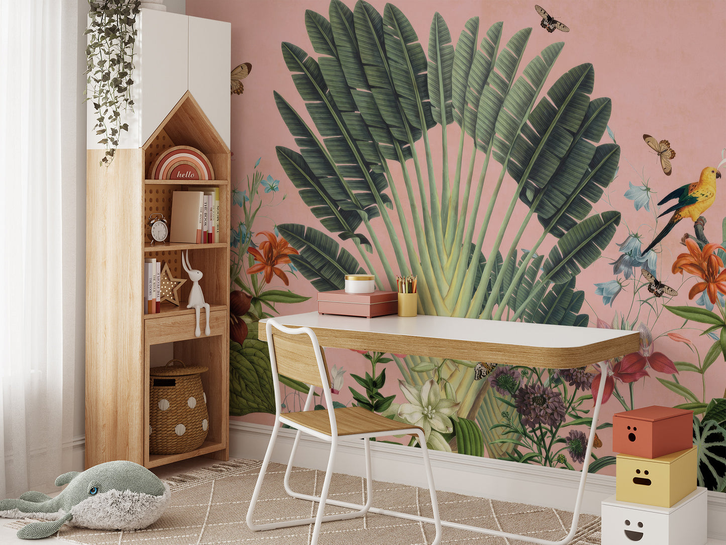 Nature-inspired wallpaper mural with garden foliage and flowers
