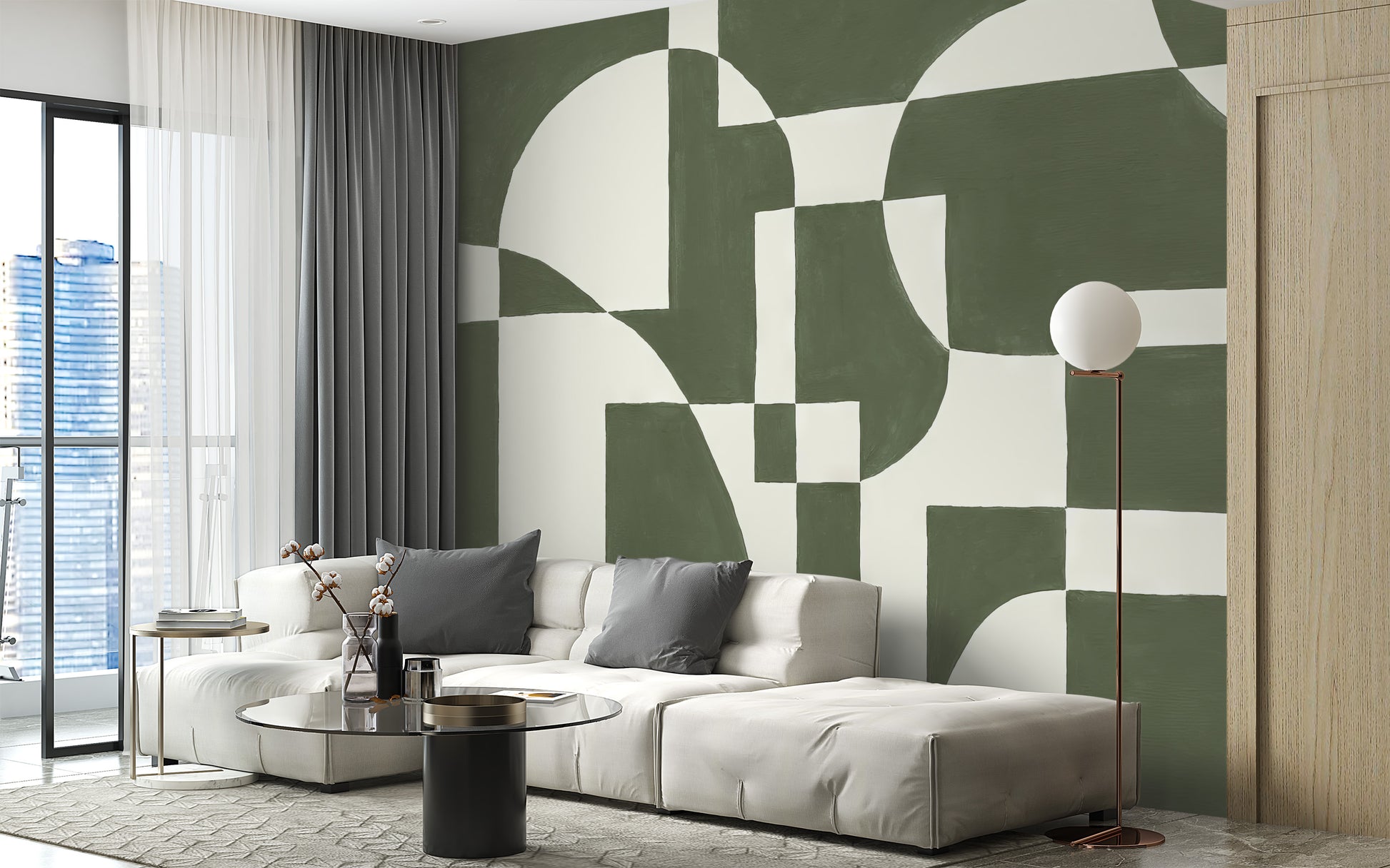 Emerald-themed wallpaper mural with striking geometric art
