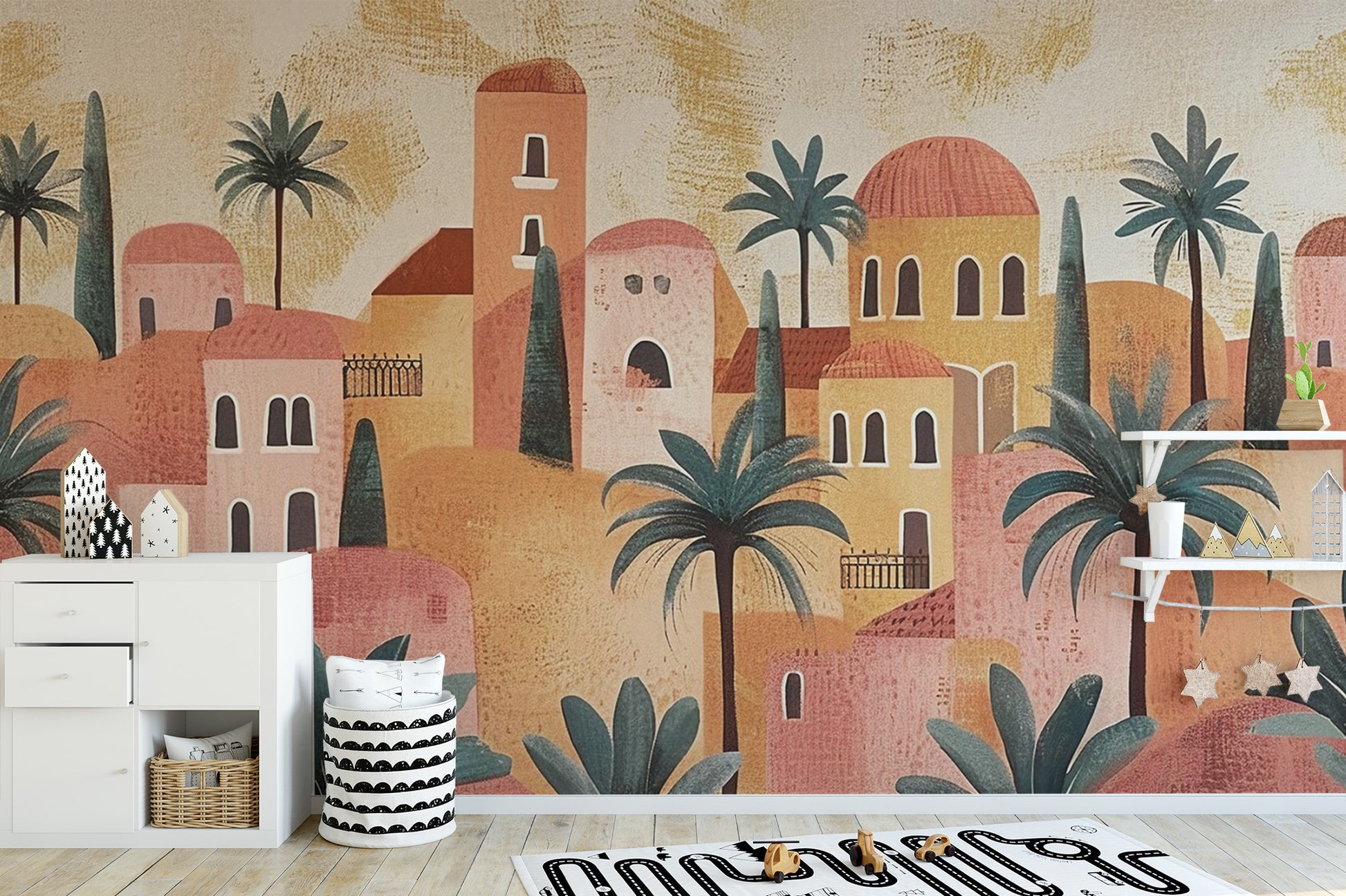 Peaceful desert village mural featuring an oasis setting.
