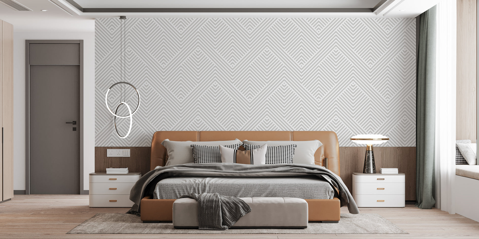 Light gray grid mural with a simple pattern
