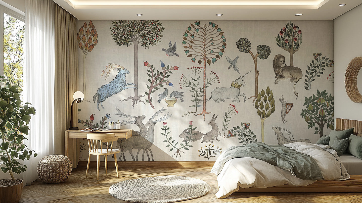 Self-adhesive mythical creature mural for whimsical spaces