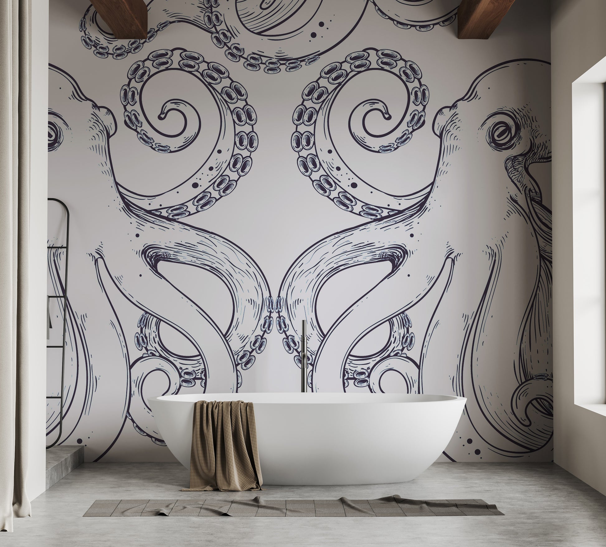 Stunning giant octopus mural creating an underwater scene.
