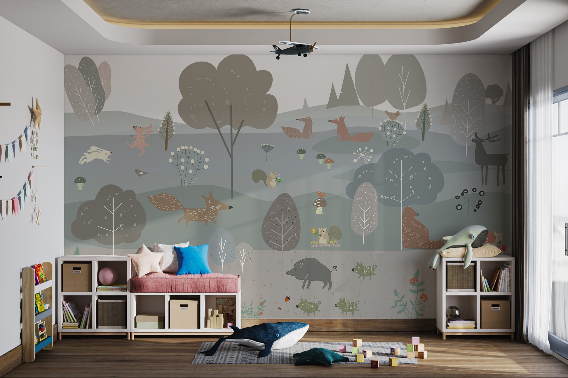 Scandinavian wallpaper with forest animal designs