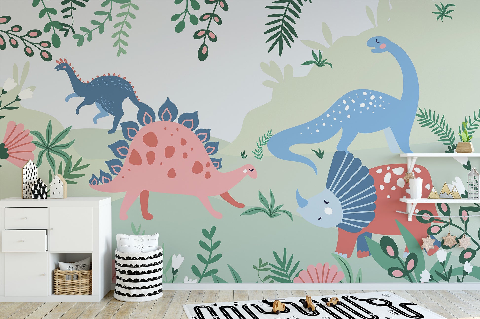 Jurassic Park-themed kids mural with lively dinosaur art.
