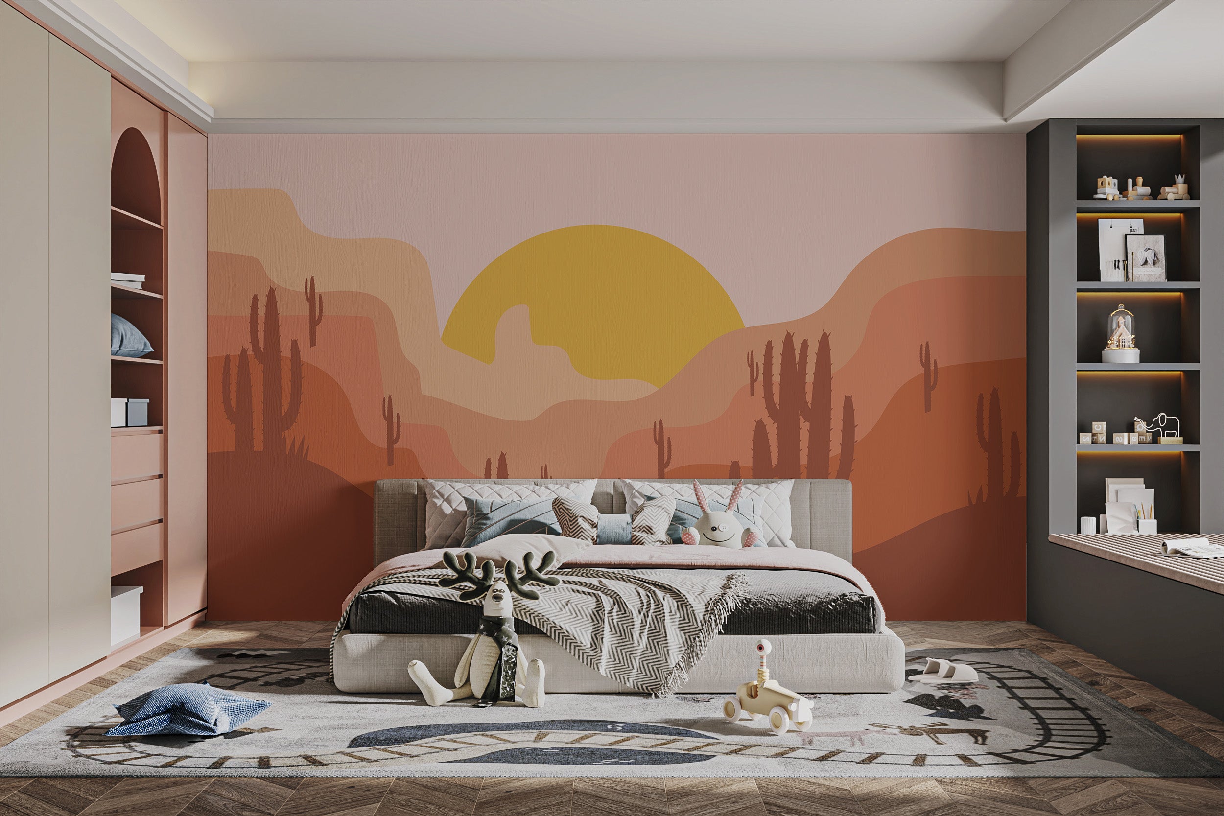 Golden Sun Cactus mural for a serene desert vibe.