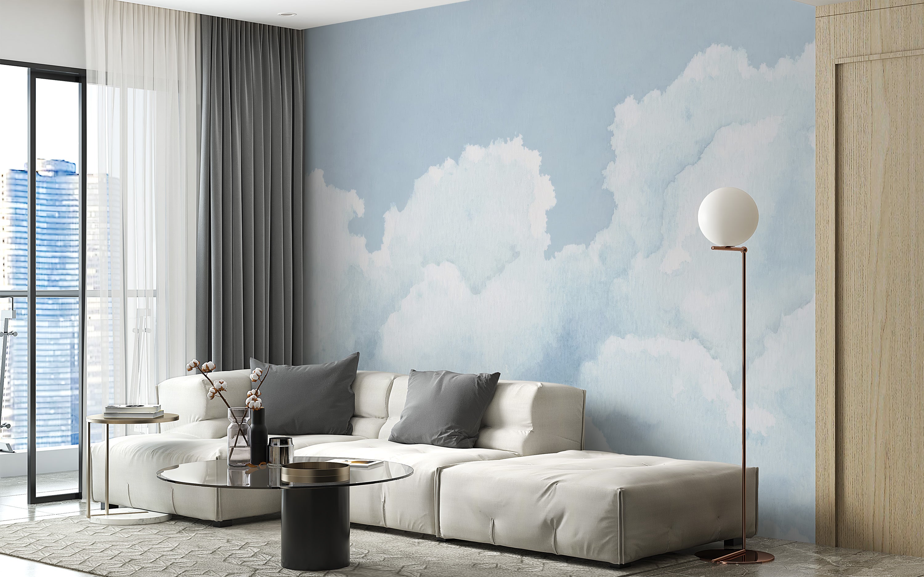 Nature-inspired mural showcasing a peaceful cloudy sky
