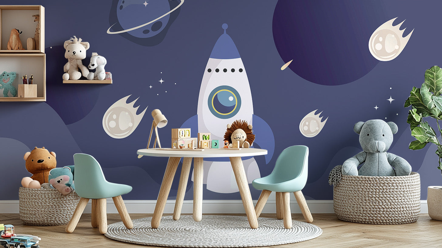 Rocket ships in space wallpaper for young explorers
