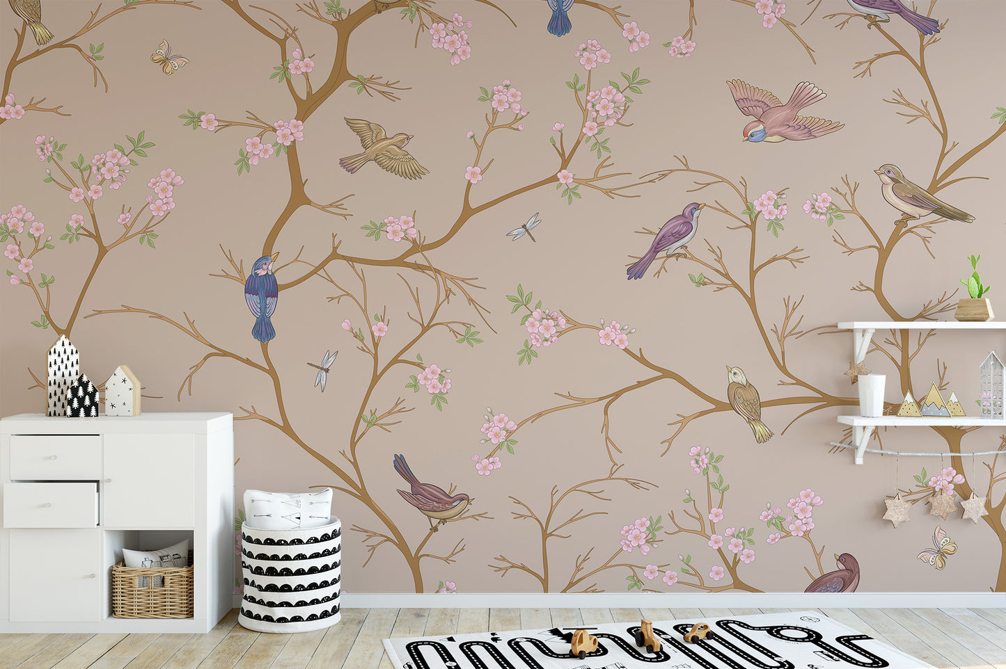 Beige blossom and bird mural for a calming room design
