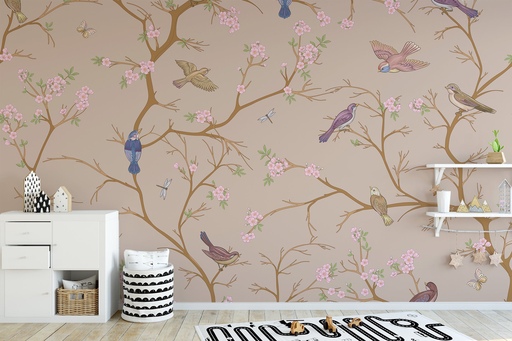 Beige blossom and bird mural for a calming room design
