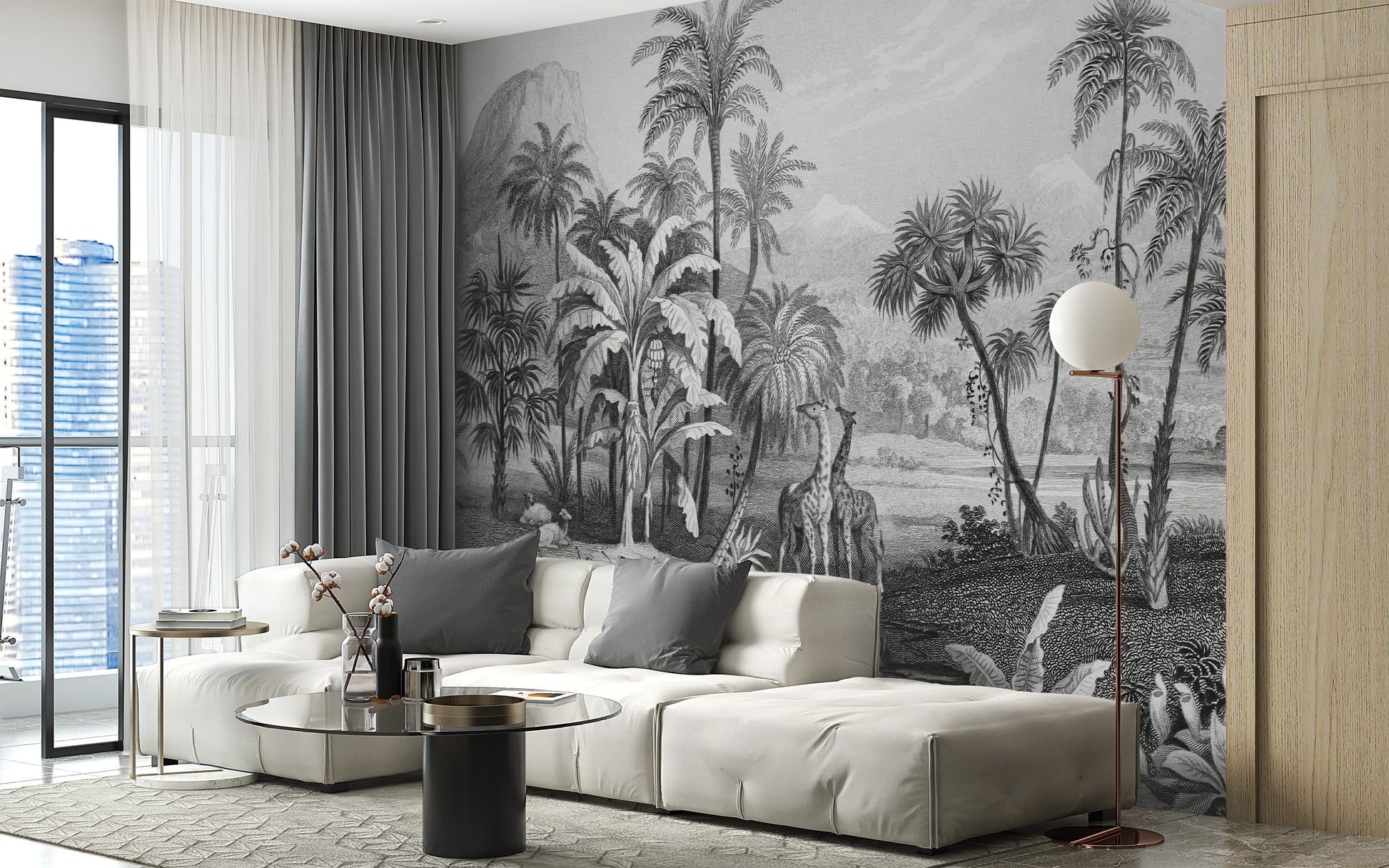 Stylish monochrome jungle mural featuring tropical elements
