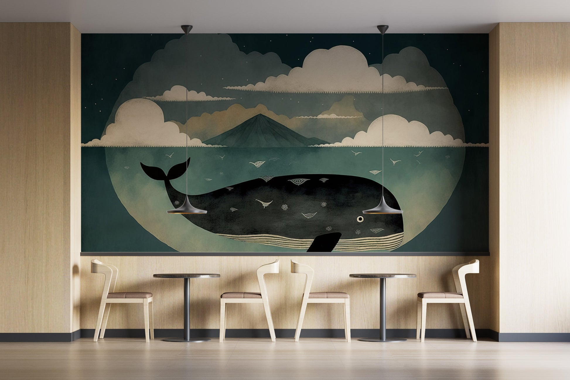 Artistic whale under moon mural for dreamy wall designs