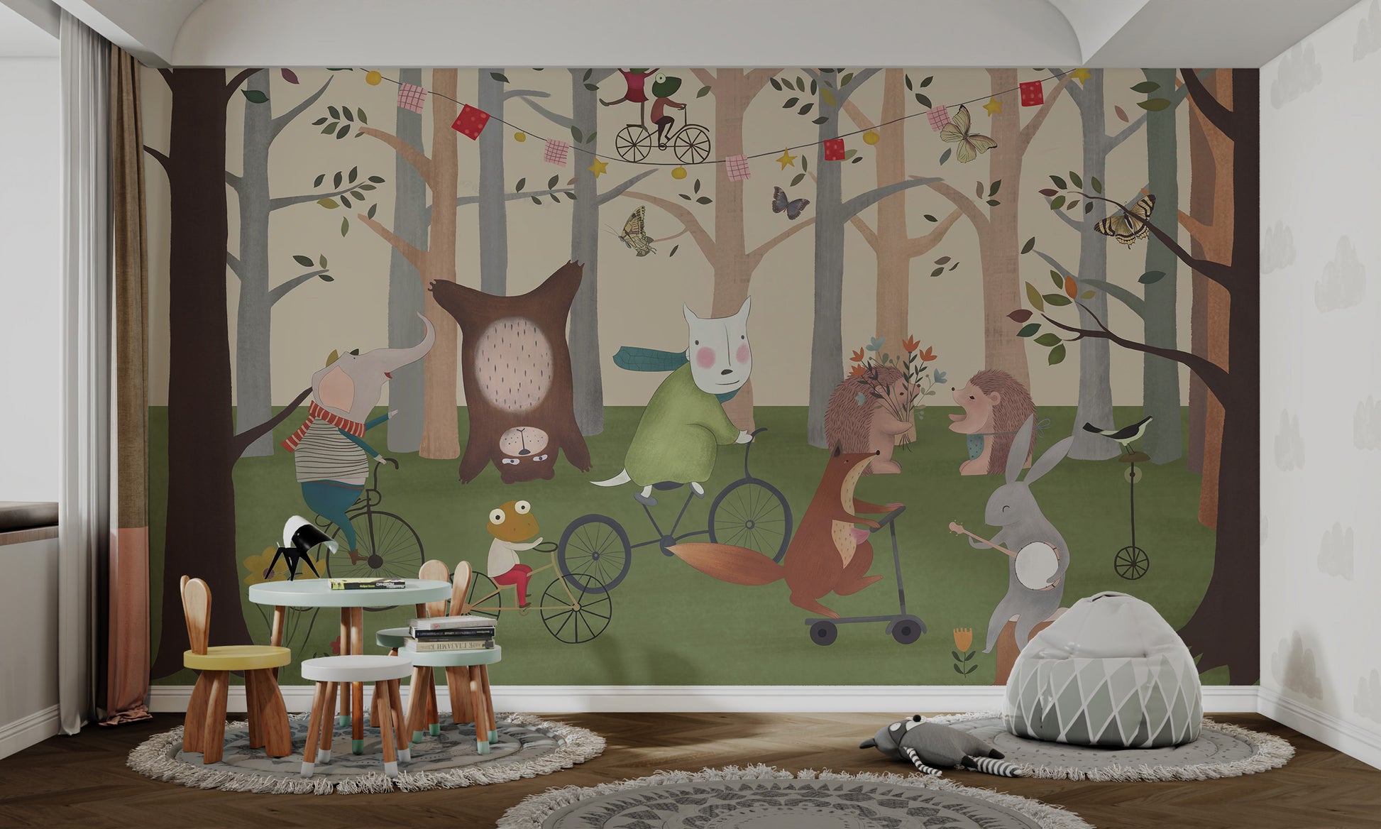 Playful animals in a forest-themed kids mural