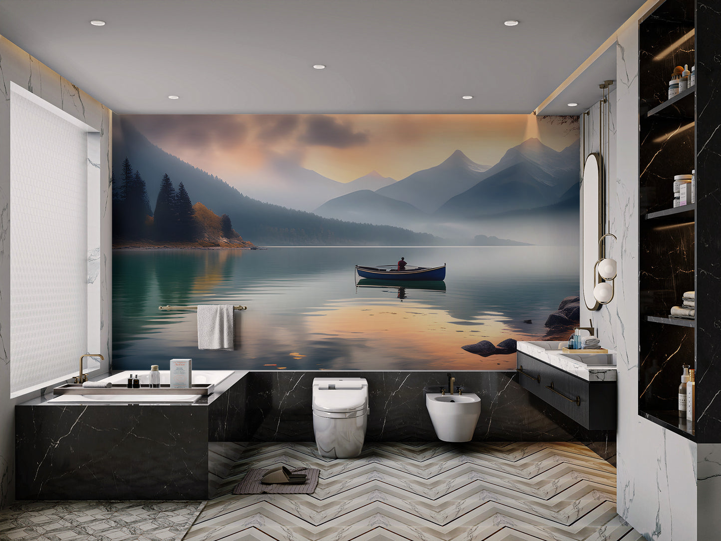 Peaceful landscape mountain lake mural
