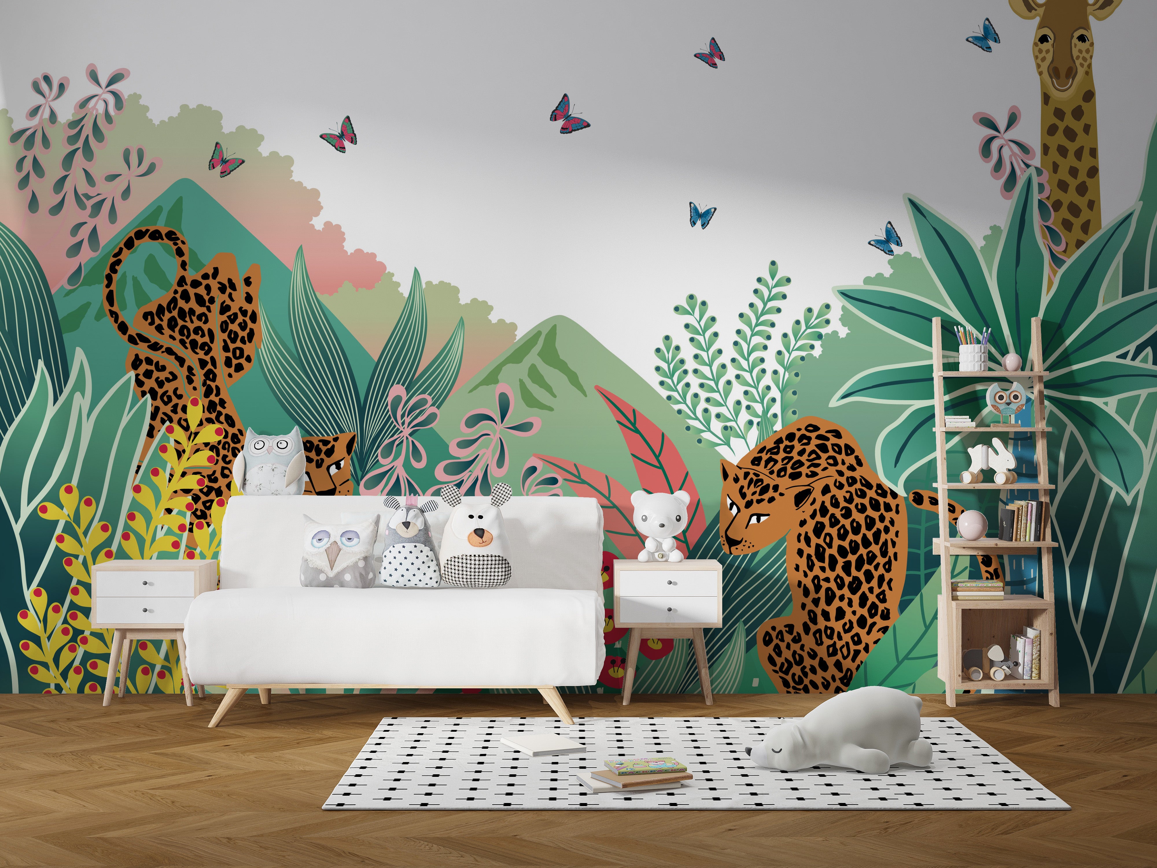 Jungle-themed safari kids mural design
