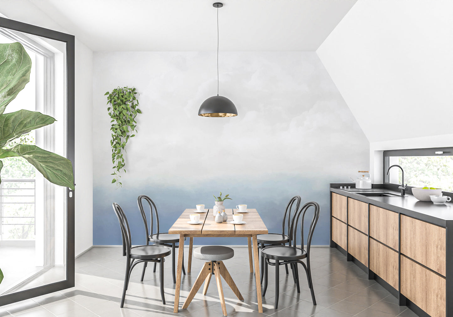 Elegant blue sky mural for a tranquil room atmosphere
