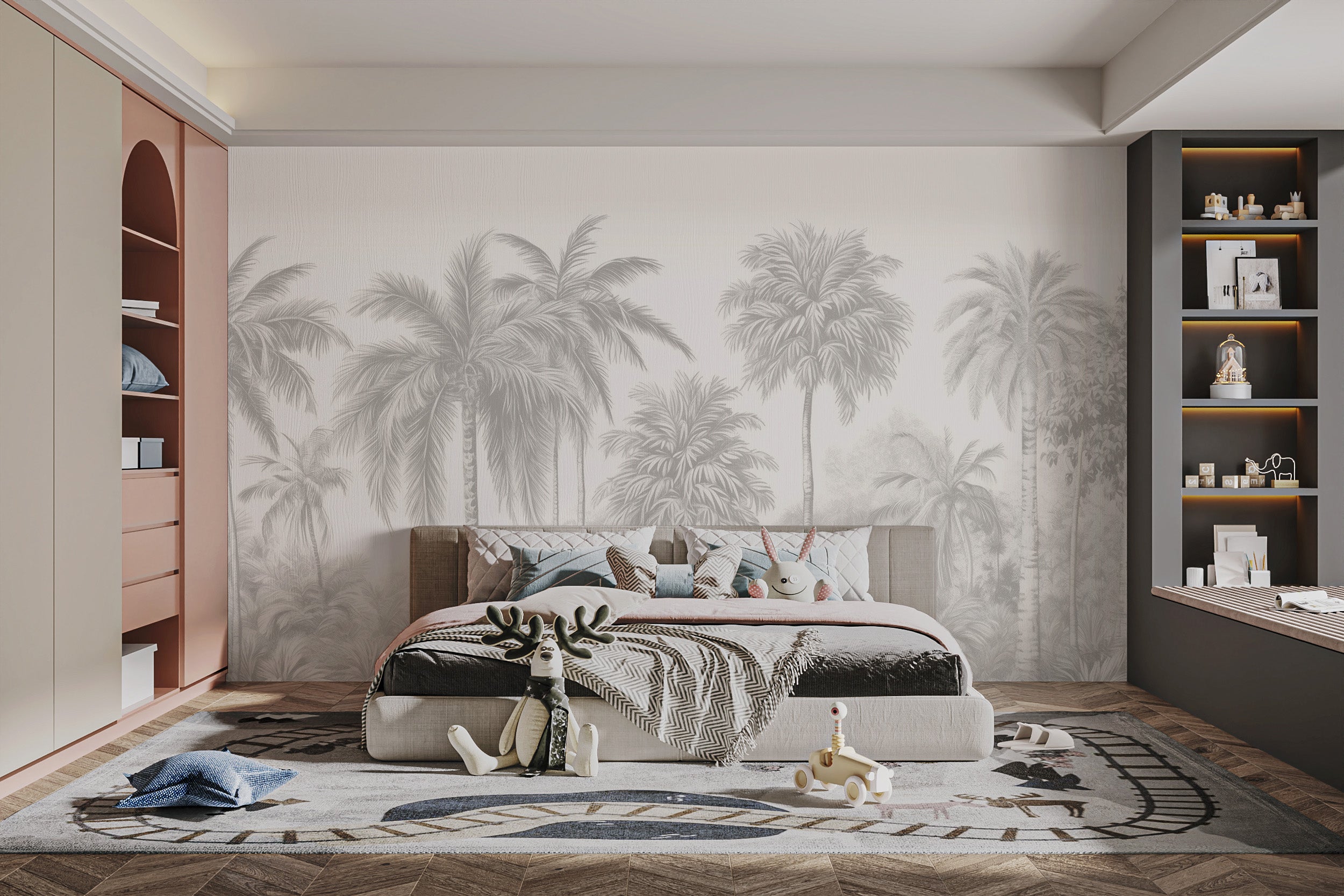 Chic beige palm trees wall mural for serene interiors



