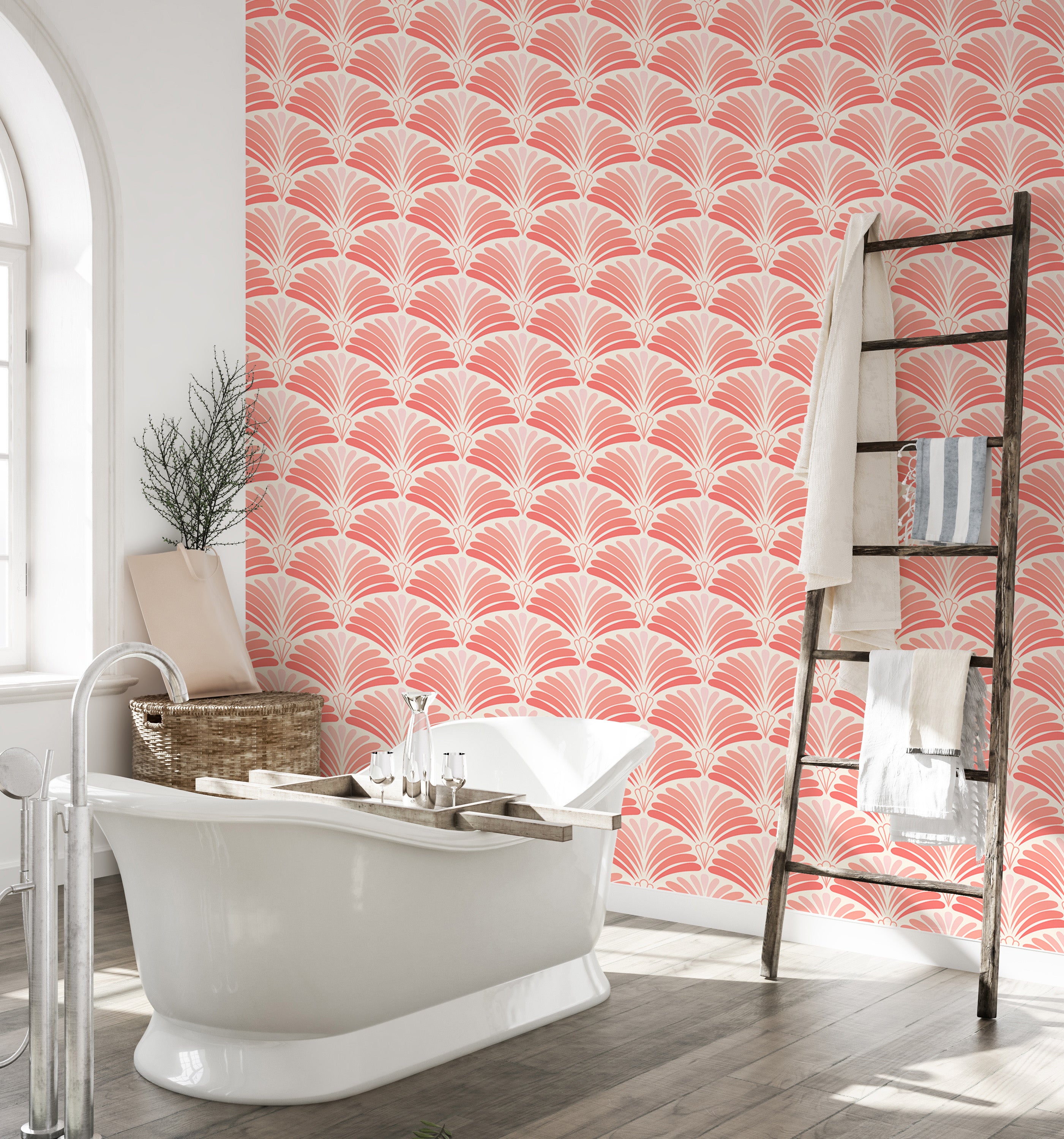 Intricate Japanese art wallpaper with pink accents